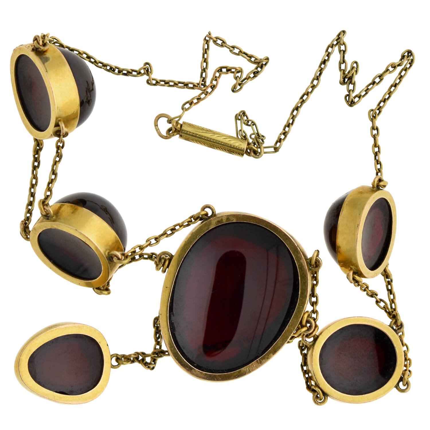 Victorian Style 14K Gold Cabochon Garnet Festoon Necklace - 15 Inch Elegant Vintage Jewelry for Weddings, Parties & Special Occasions