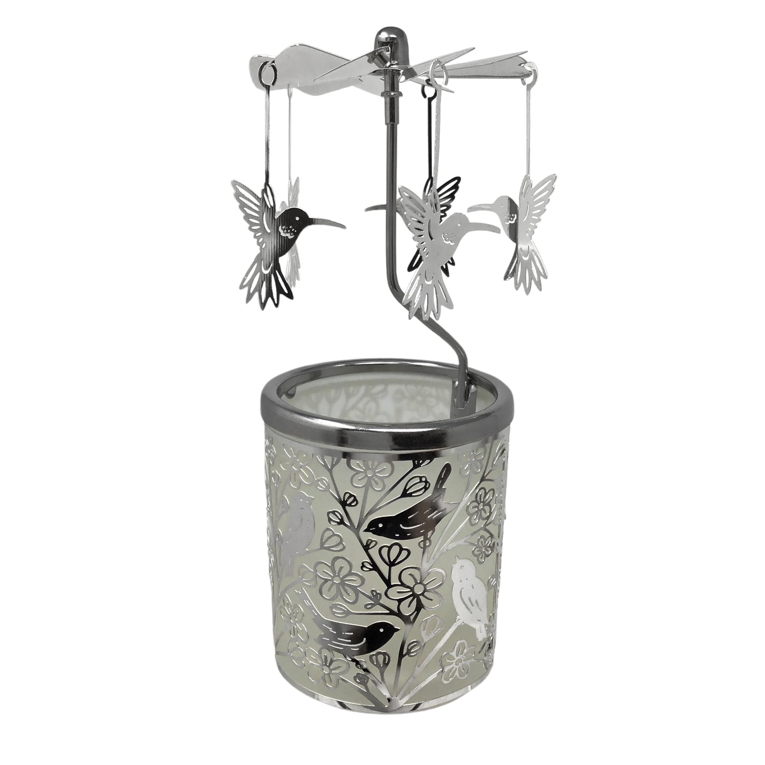 Spinning Hummingbird Candle Holder - Silver Birds Rotate Around Frosted Glass, 6.25
