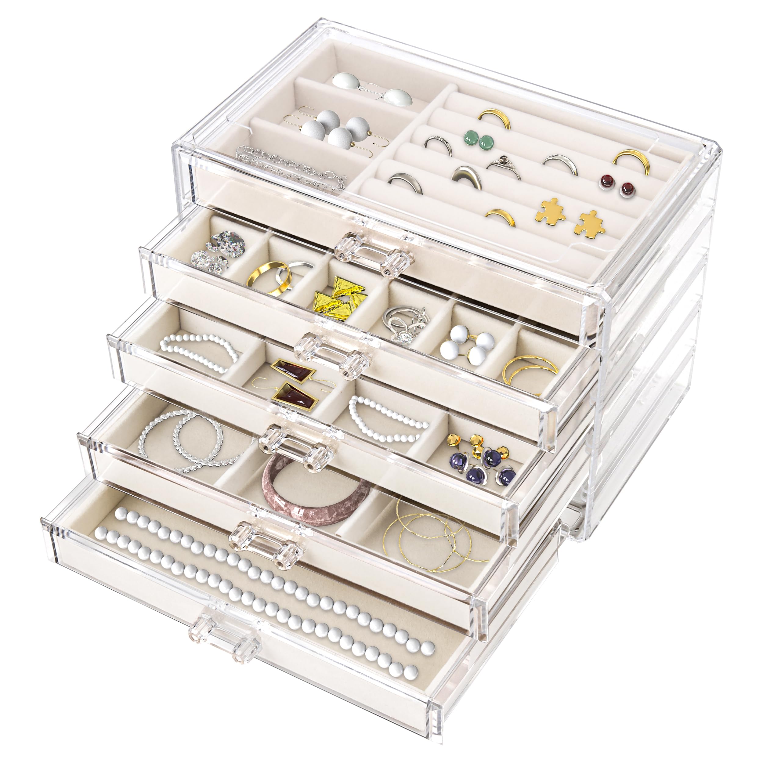 5-Drawer Acrylic Jewelry Organizer with Velvet Trays - Earring, Necklace & Ring Storage Display - Perfect Gift for Women (Beige) | Bedroom Vanity, Closet & Travel Jewelry Box