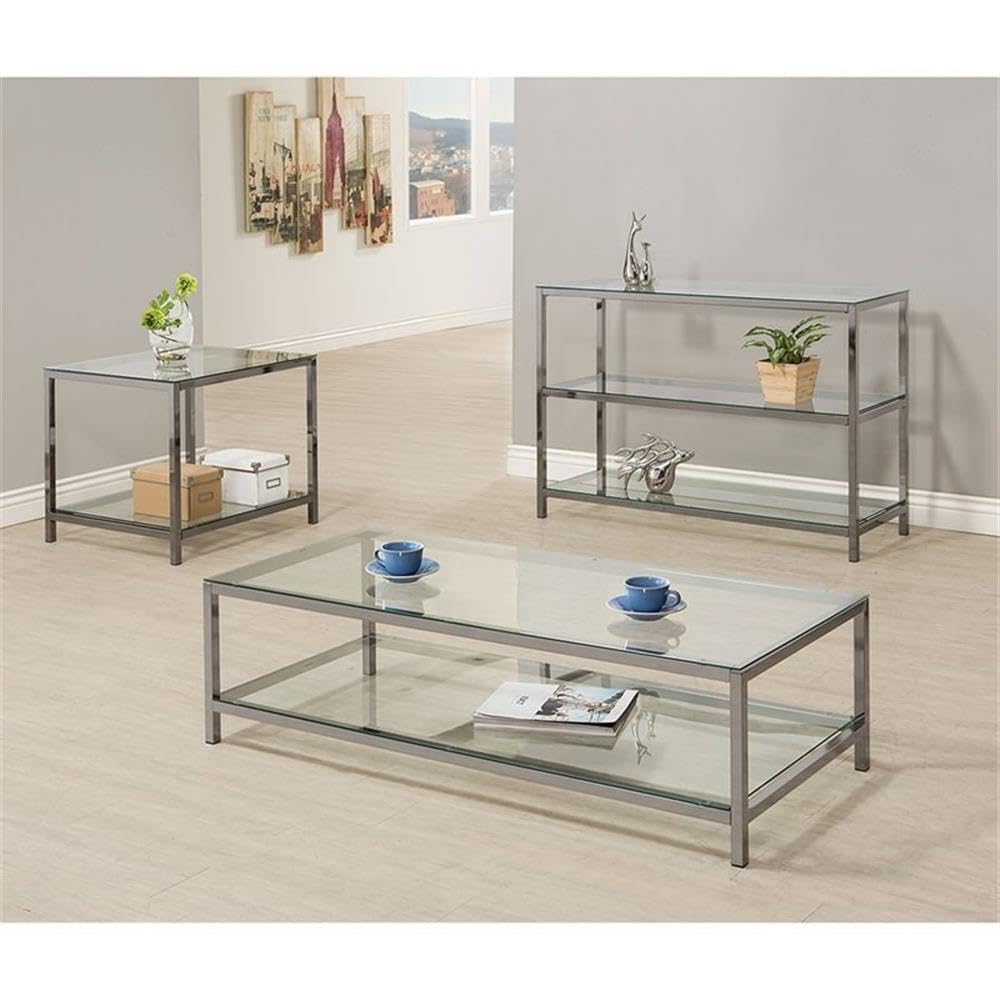 2 Shelf Glass Console Table in Black Nickel - Modern Entryway, Living Room & Hallway Decor for Stylish Home Organization
