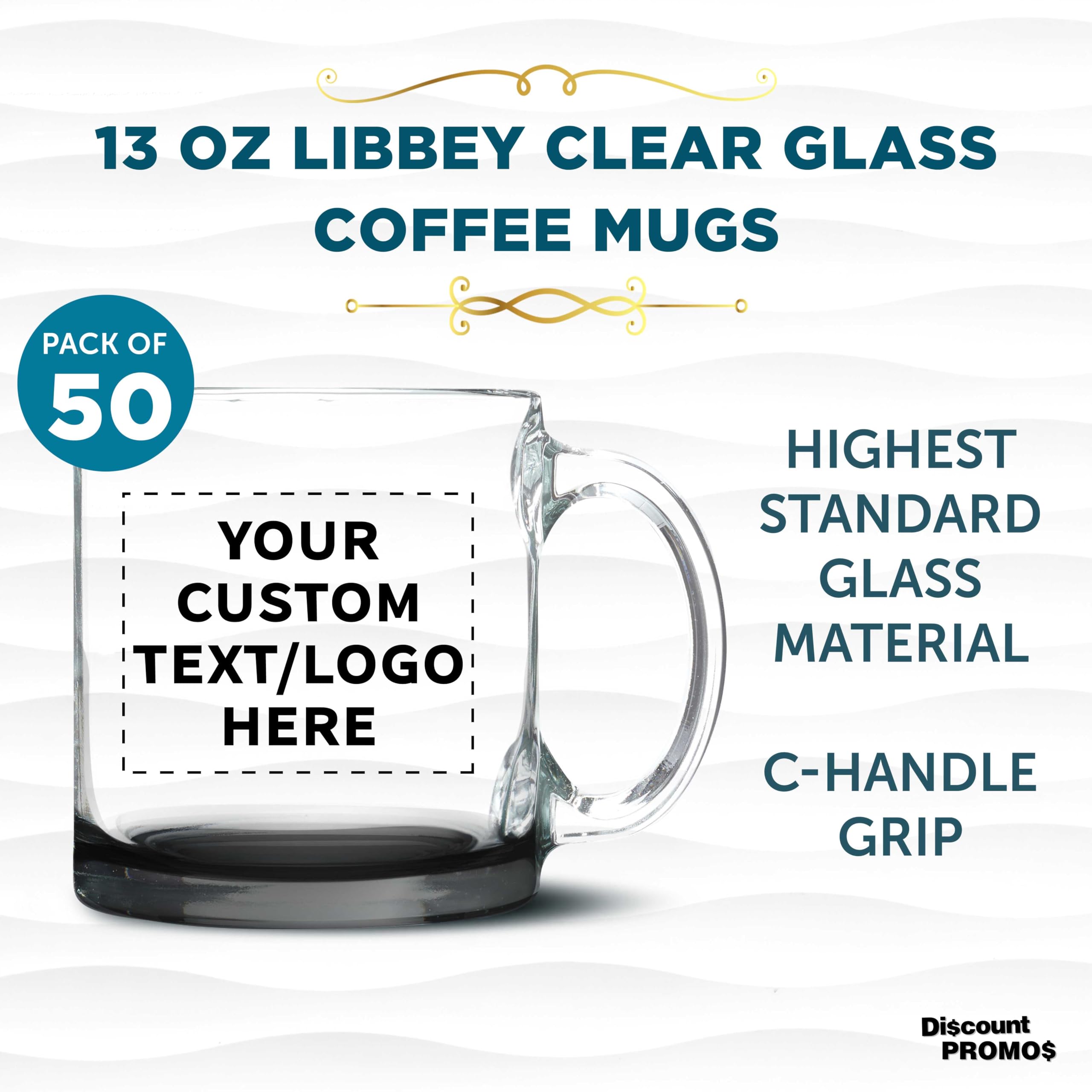Personalized 13 oz Clear Glass Coffee Mugs Set of 50 - Custom Libbey Bulk Pack for Coffee, Tea, Espresso & Hot Cocoa - Black Bottom - Ideal for Cafes, Restaurants, Offices & Events