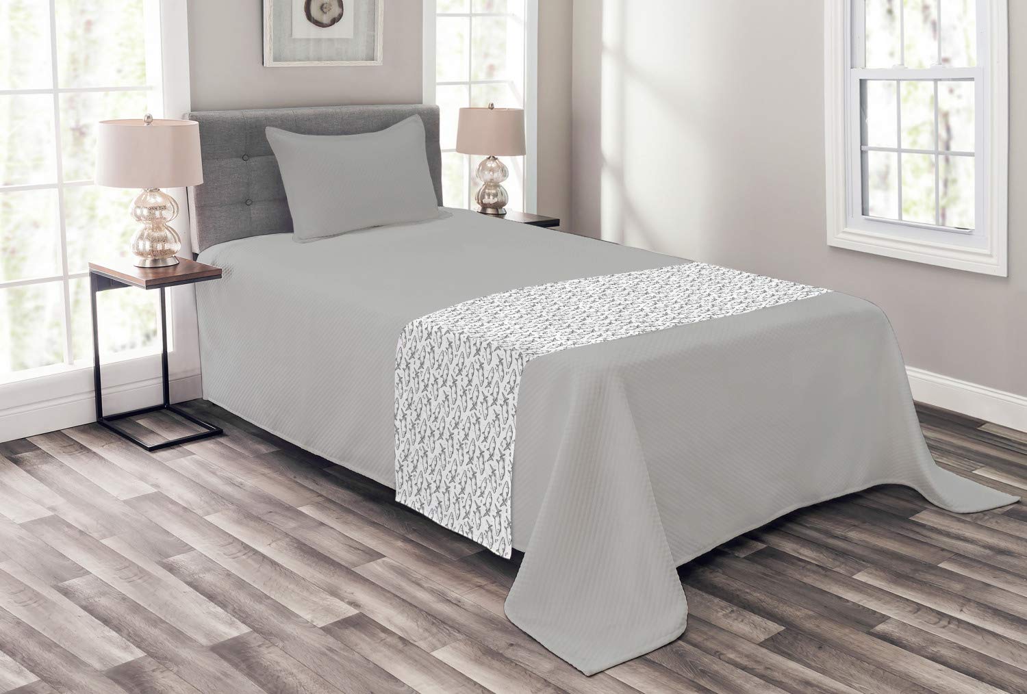 Ambesonne Shark Bed Runner - Black & White Sketch Design with Big & Small Fishes, Decorative Bed Scarf for Hotels, Homes & Guest Rooms | Perfect for Coastal, Nautical & Marine Themed Bedrooms