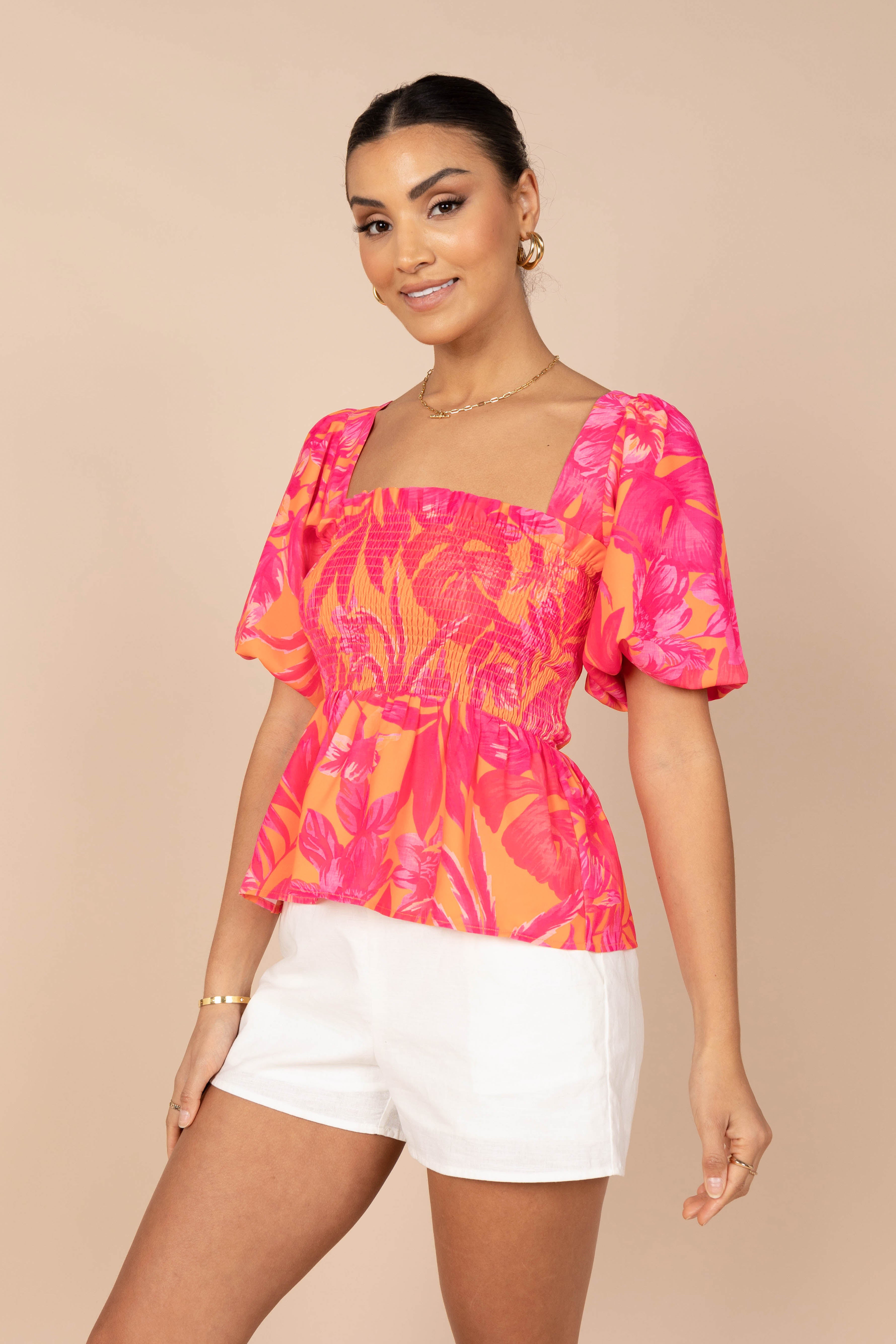 Addison Peplum Top for Women | Flattering Pink Tropics Print | Perfect for Summer Outfits & Beach Vacations