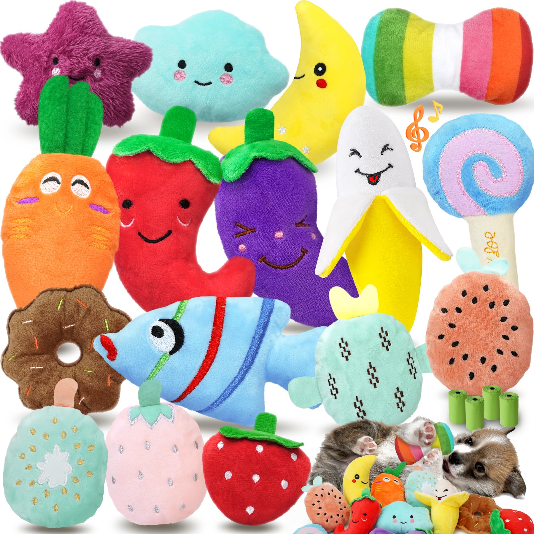 Charming Chorus 20-Pack Squeaky Dog Toys Set with 4 Dog Bags - Irresistibly Cute Plush Puppy Toys for Small Dogs, Interactive Squeak Toys for Fun & Teeth Cleaning - Perfect for Playtime, Training, and Indoor/Outdoor Activities