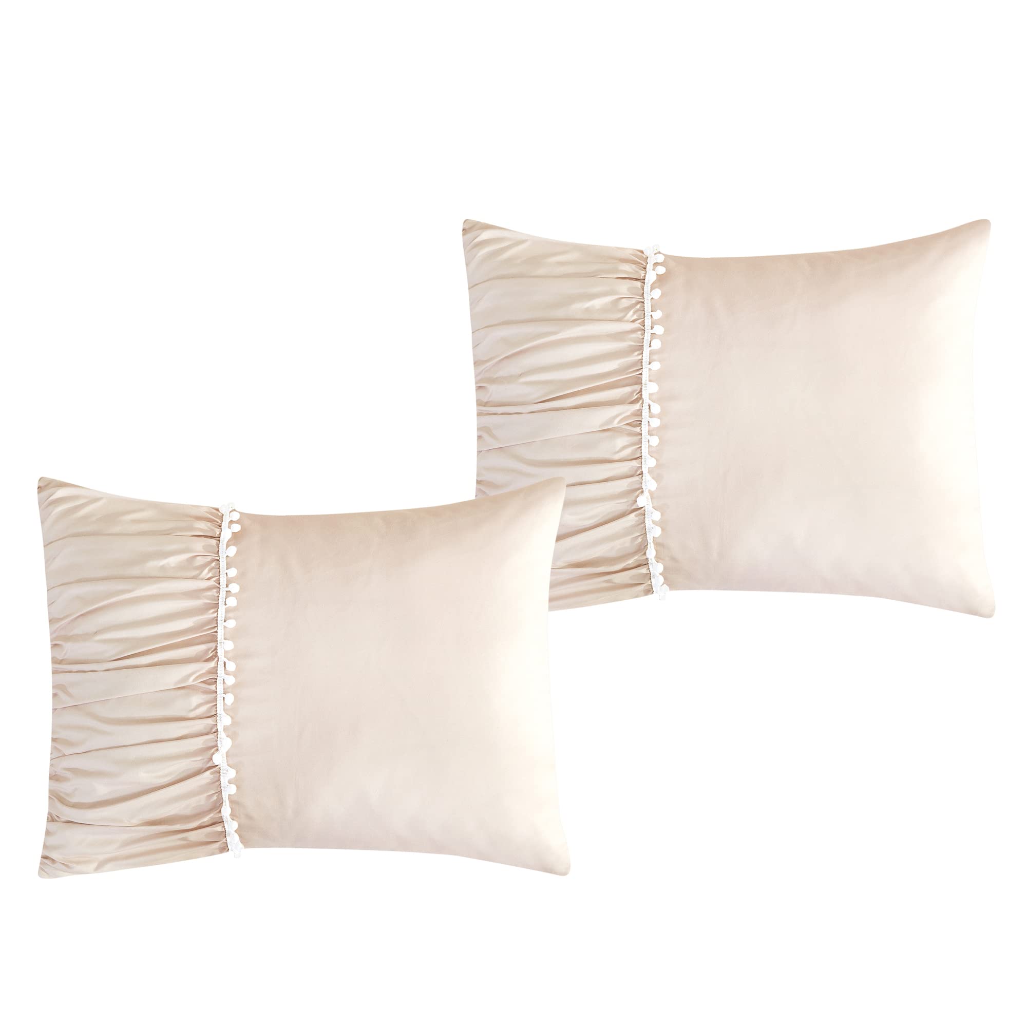 Luxury 7-Piece King/Cal-King Comforter Set with Shams & Cushions - Modern Damask Champagne Beige White Semi-Pleated Embroidery Pompoms Design - Bed in a Bag (22196V, Charnee) - Perfect for Master Bedroom Decor, Guest Room Upgrade & Luxury Hotel Style Bedding