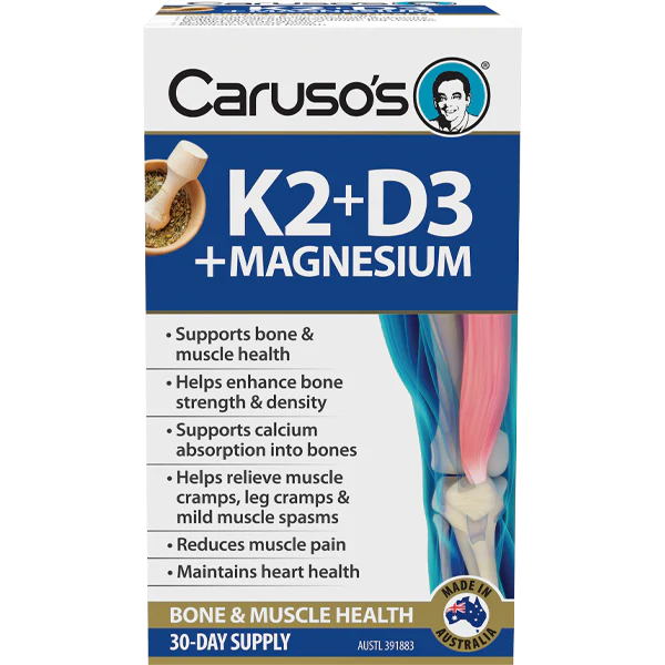 Carusos K2D3 Plus Magnesium Supplement - 30 Day Supply for Bone Health, Heart Support & Muscle Function - Ideal for Daily Wellness & Active Lifestyles