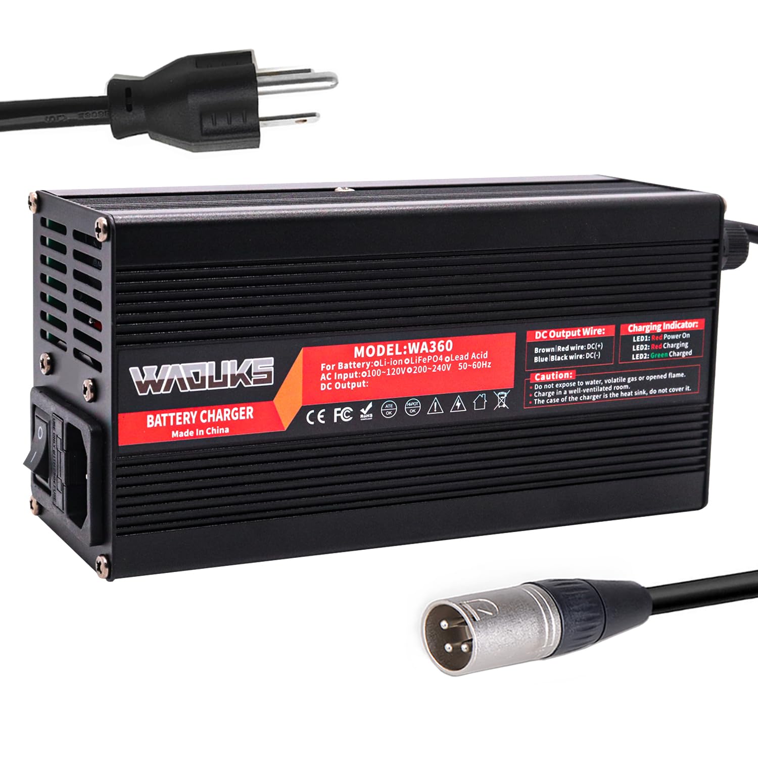 58.8V 6A Smart Charger for 52V Li-ion Battery - Black Aluminum Case with Cooling Fan & Switch - DC Output 3-Pin XLR Connector - Compatible with 14S 52V Lithium Battery Packs - Perfect for Ebikes, Scooters & Power Tools