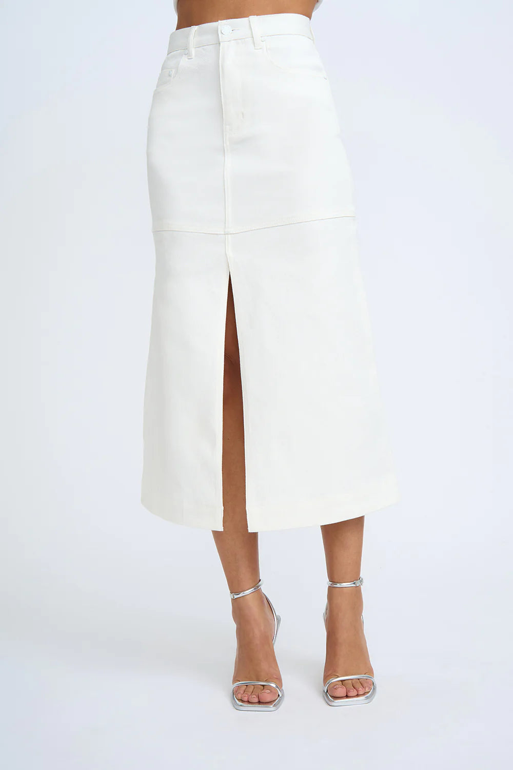Denim Panel Midi Skirt in Ivory - Stylish & Comfortable Women's Skirt for Casual Outings & Office Wear