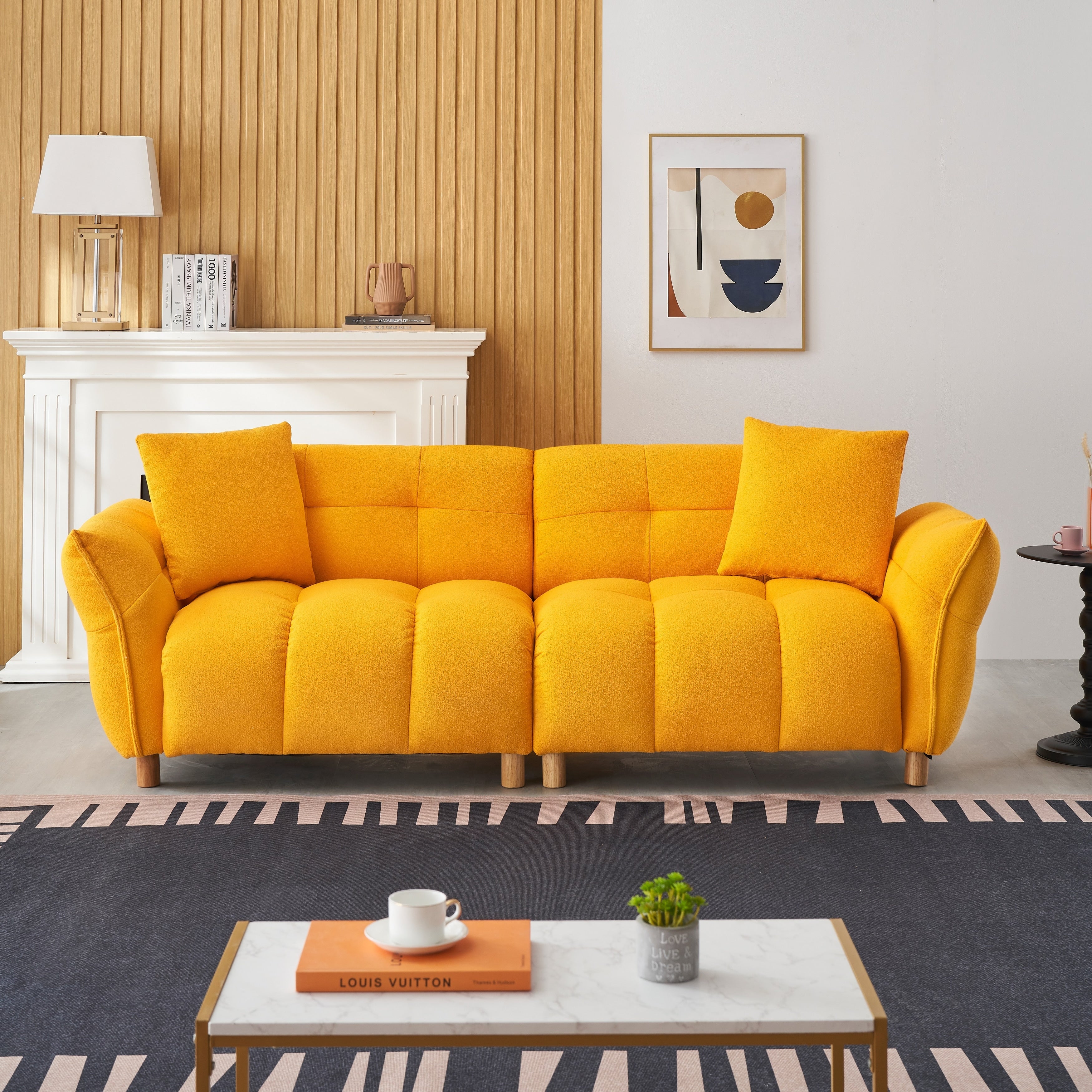 Mid Century Modern Sofa with Soft Teddy Fabric - Plush 3-Seater Couch with Decorative Pillows - Comfortable Living Room Furniture for Home & Office Lounge