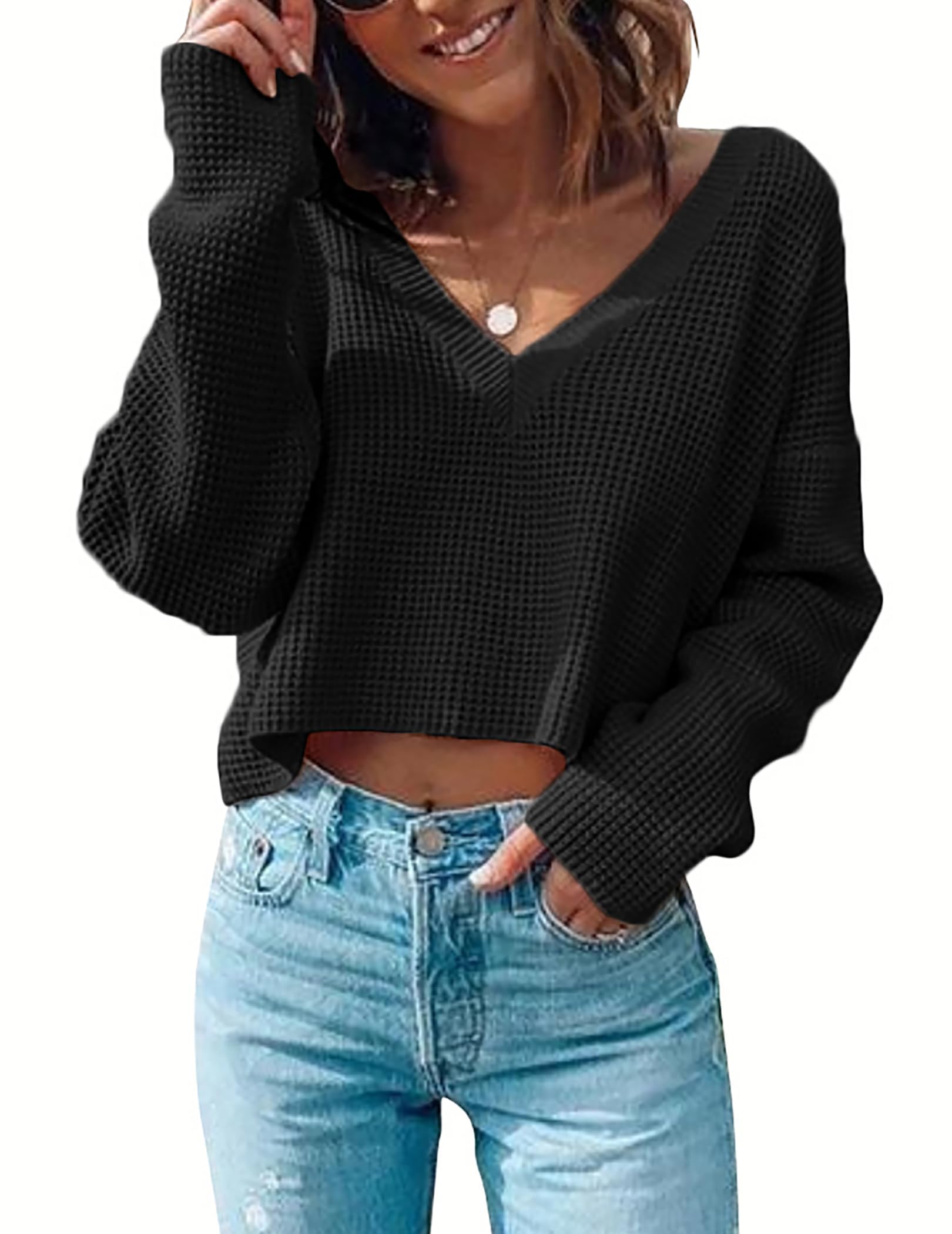 Zeagoo Women's Long Sleeve Waffle Knit V-Neck Cropped T-Shirt - Casual Fashion Top for Fall & Winter, Perfect for Layering, Office Wear, and Weekend Outfits