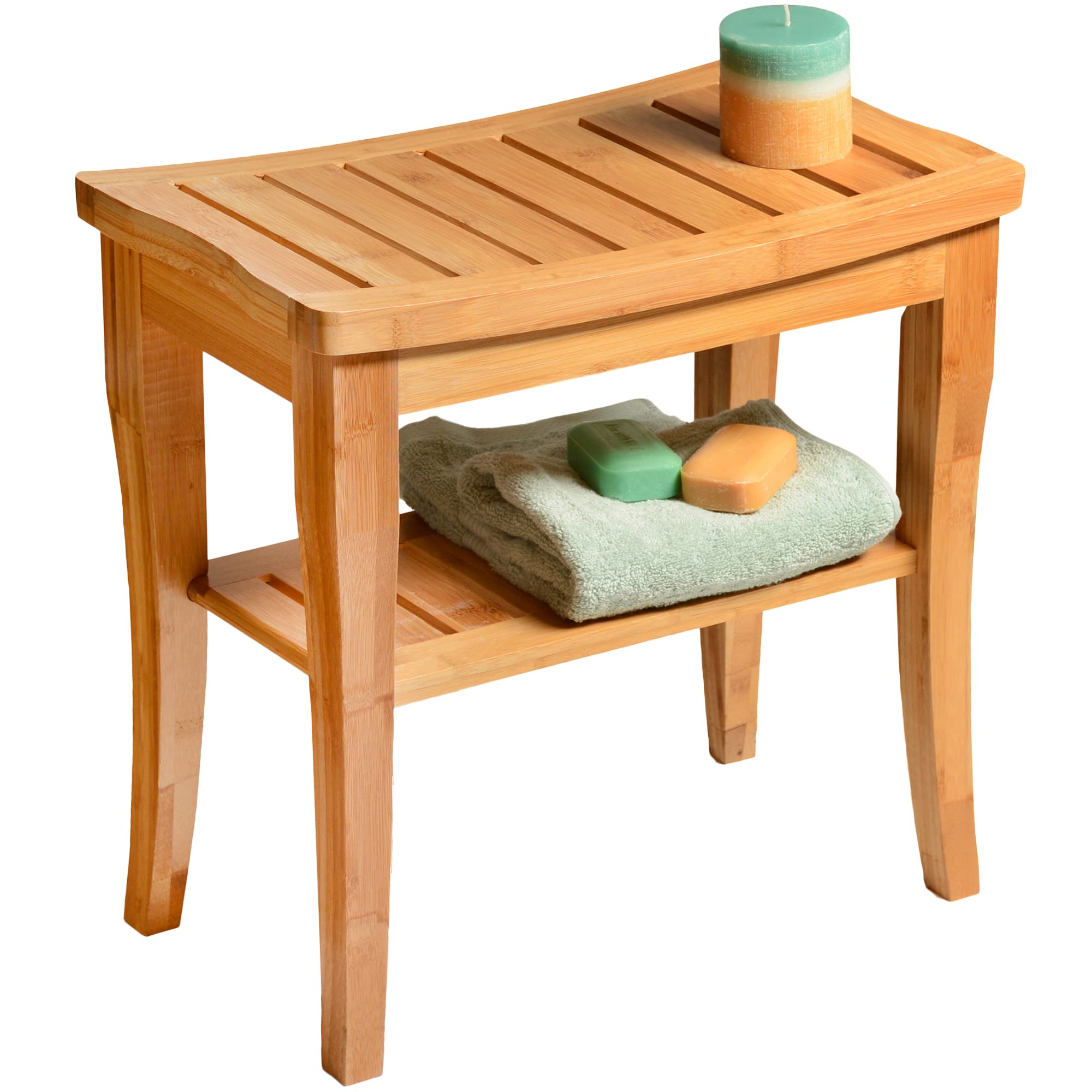 **Bamboo Shower Bench with Storage Shelf - Non-Slip Shower Seat & Bathroom Stool for Spa, Shaving & Relaxation | Indoor & Outdoor Use for Bathroom, Pool & Sauna**