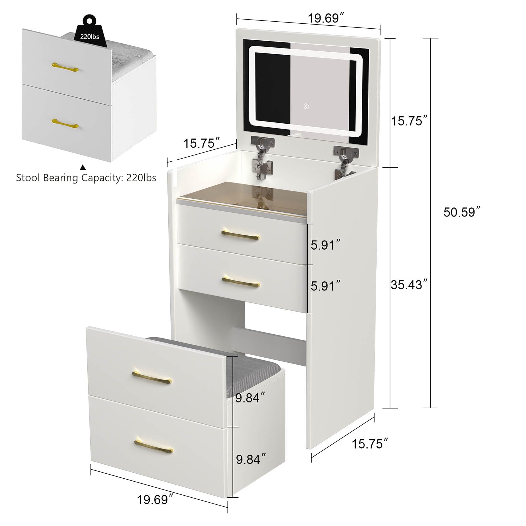 3 in 1 Compact Vanity Desk with Flip-Up Mirror & LED Lights - Small Makeup Table with 3 Drawers, Storage Stool & Glass Top - Multifunctional Dressing Table for Bedroom, Bathroom or Dorm Room - White (Medium)