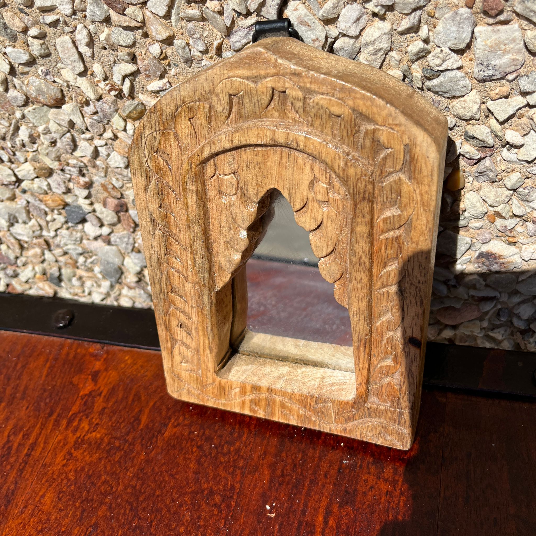 Hand Carved Indian Solid Wood Temple Mirror - Brown 106 - Elegant Wall Decor for Home, Living Room, Bedroom & Meditation Space