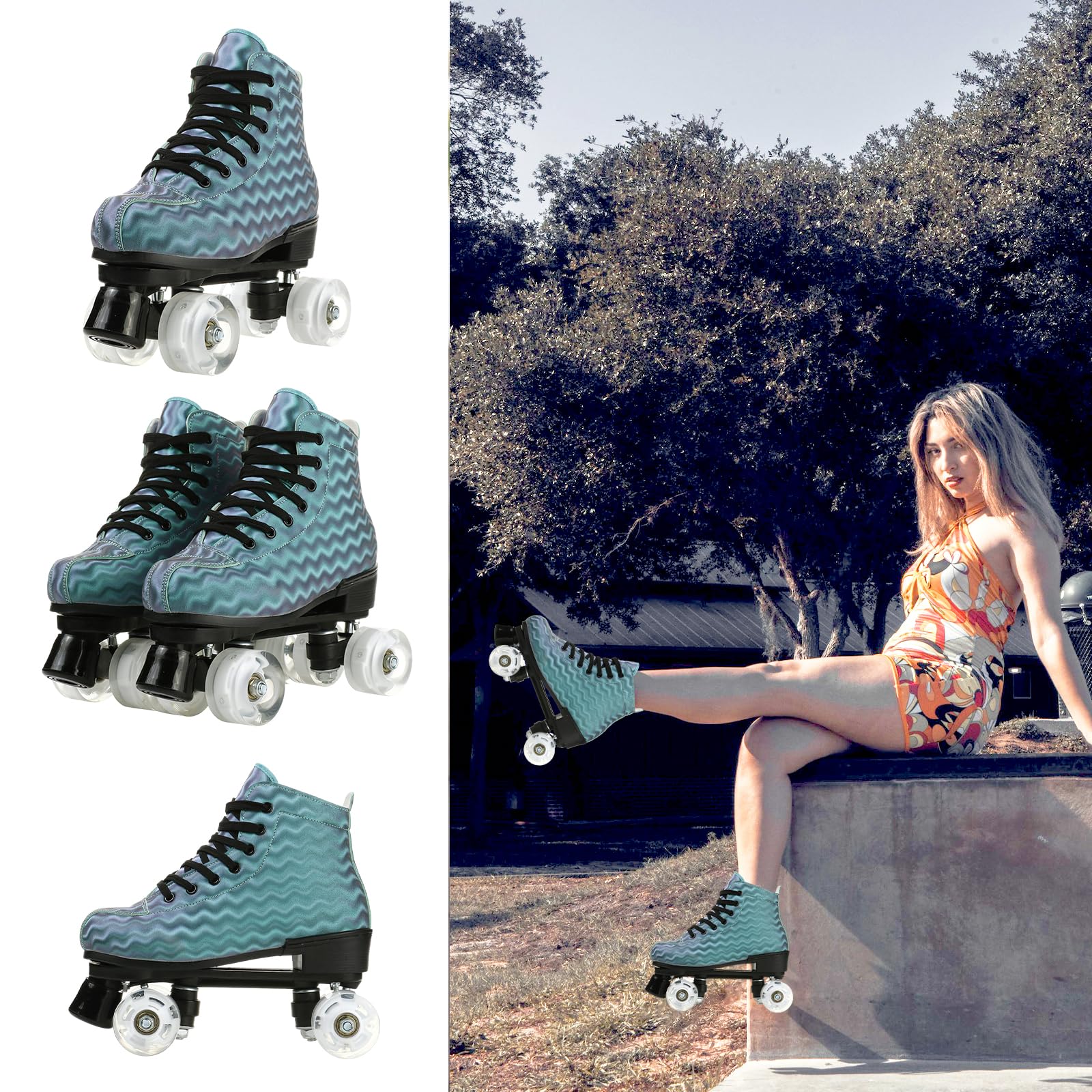 MilkyWay Unisex Roller Skates for Adults & Kids - High-Top Quad Skates with Double Row Wheels & Lightning Design - Perfect for Beginners, Indoor & Outdoor Skating, Rink Parties, Fitness & Fun