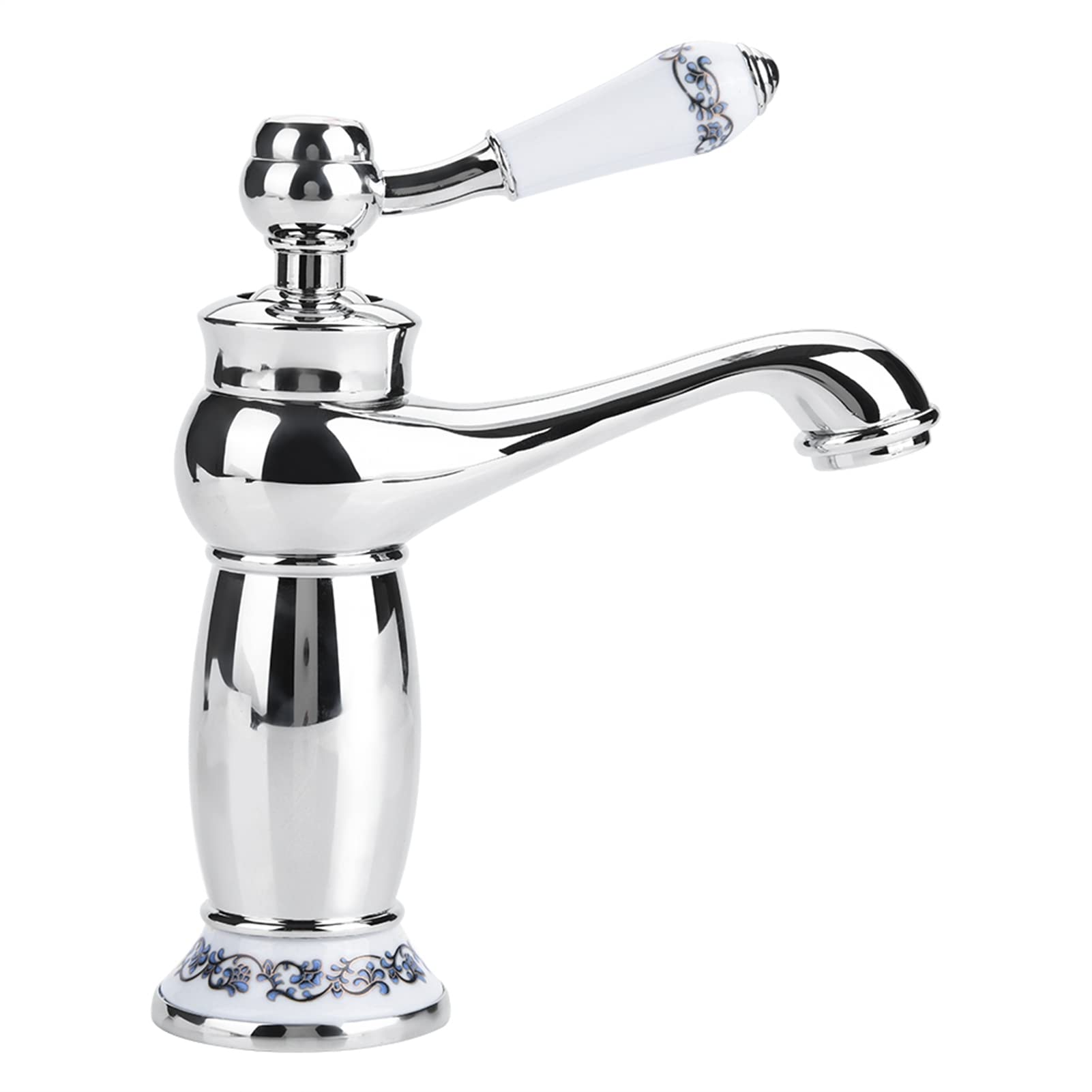Vintage Antique Brass Faucet with Blue White Porcelain Handle - Long Neck Bathroom Sink Faucet Mixer Tap for Hot/Cold Water - Perfect for Farmhouse, Victorian, or Retro Style Kitchen & Bathroom Decor