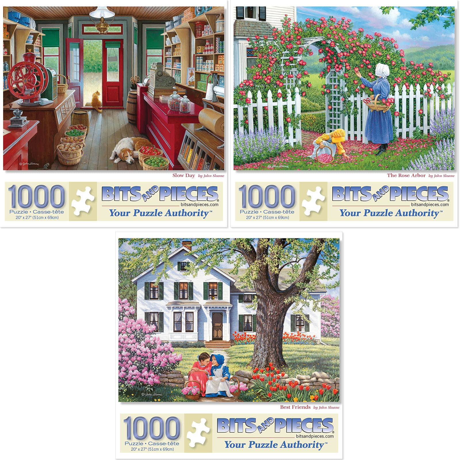 1000 Piece Jigsaw Puzzles for Adults - 3 Pack Premium Puzzles by John Sloane (Slow Day, The Rose Arbor, Best Friends) - 20
