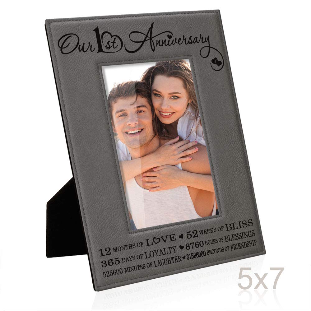 KATE POSH 1st Anniversary Engraved Leather Picture Frame - 5x7 Vertical Wedding Gift for Couples, Him & Her - Perfect for Displaying Cherished Memories on Dressers, Desks or as Romantic Home Decor