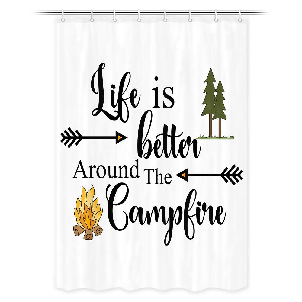 JAWO RV Shower Curtain - Waterproof 47x64 Inch Camping Shower Curtain with Hooks Set for Camper, Trailer & Outdoor Bathroom | Life is Better Around The Campfire Design | Perfect for RV Trips, Camping Adventures & Travel Trailers