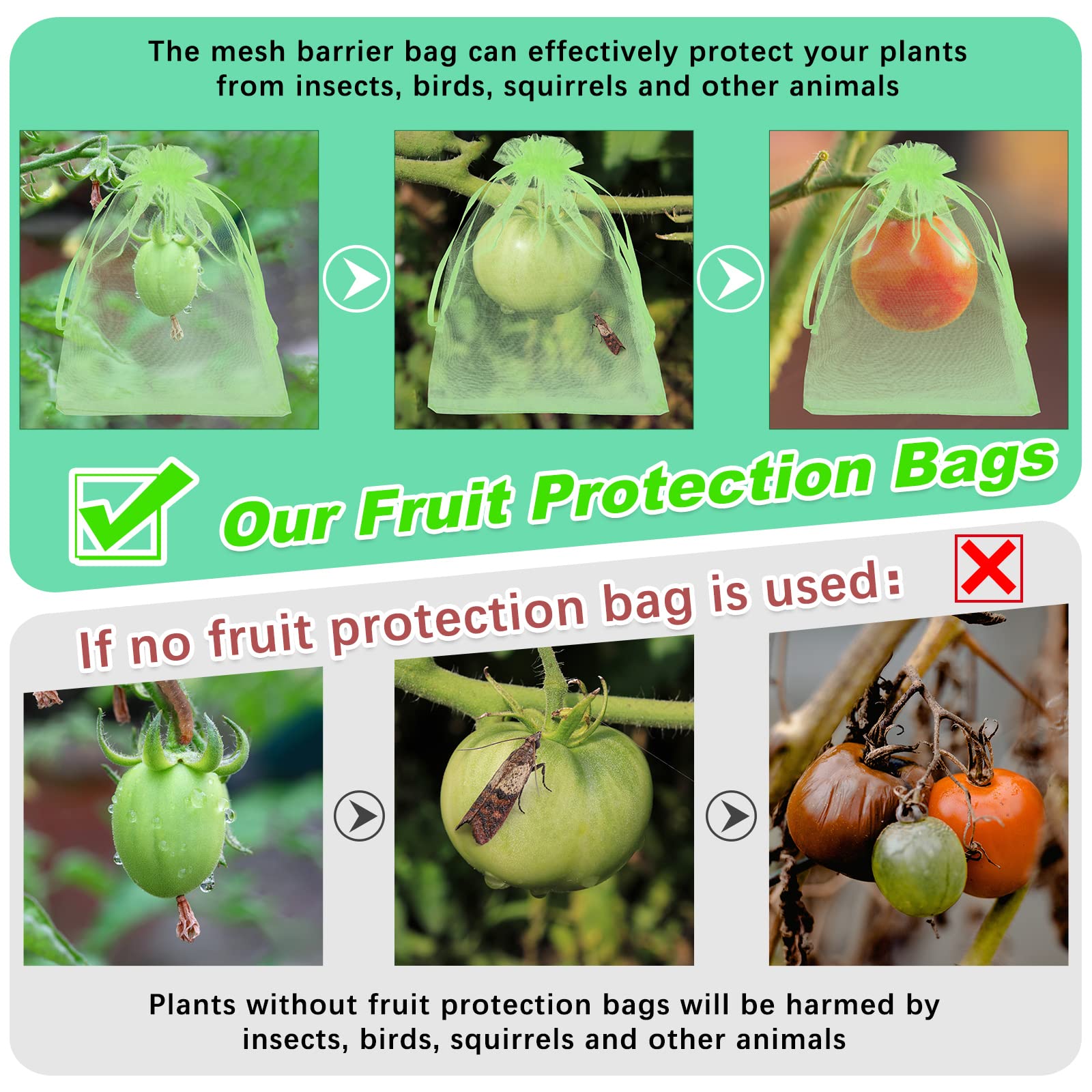 200 Pcs Fruit Protection Bags with Drawstring - 8x12 Inch Green Mesh Netting Bags for Apple, Peach & Vegetable Garden Protection - Perfect for Pest Control & Organic Gardening
