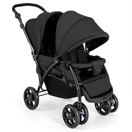Nightcore Double Stroller with 5-Point Safety Harness, Foldable Tandem Baby Stroller with Storage Basket & Adjustable Canopy - Compact Lightweight Design for Newborns & Toddlers (Black) | Perfect for Twins, Siblings or Daycare Use at Parks, Shopping Malls & Travel