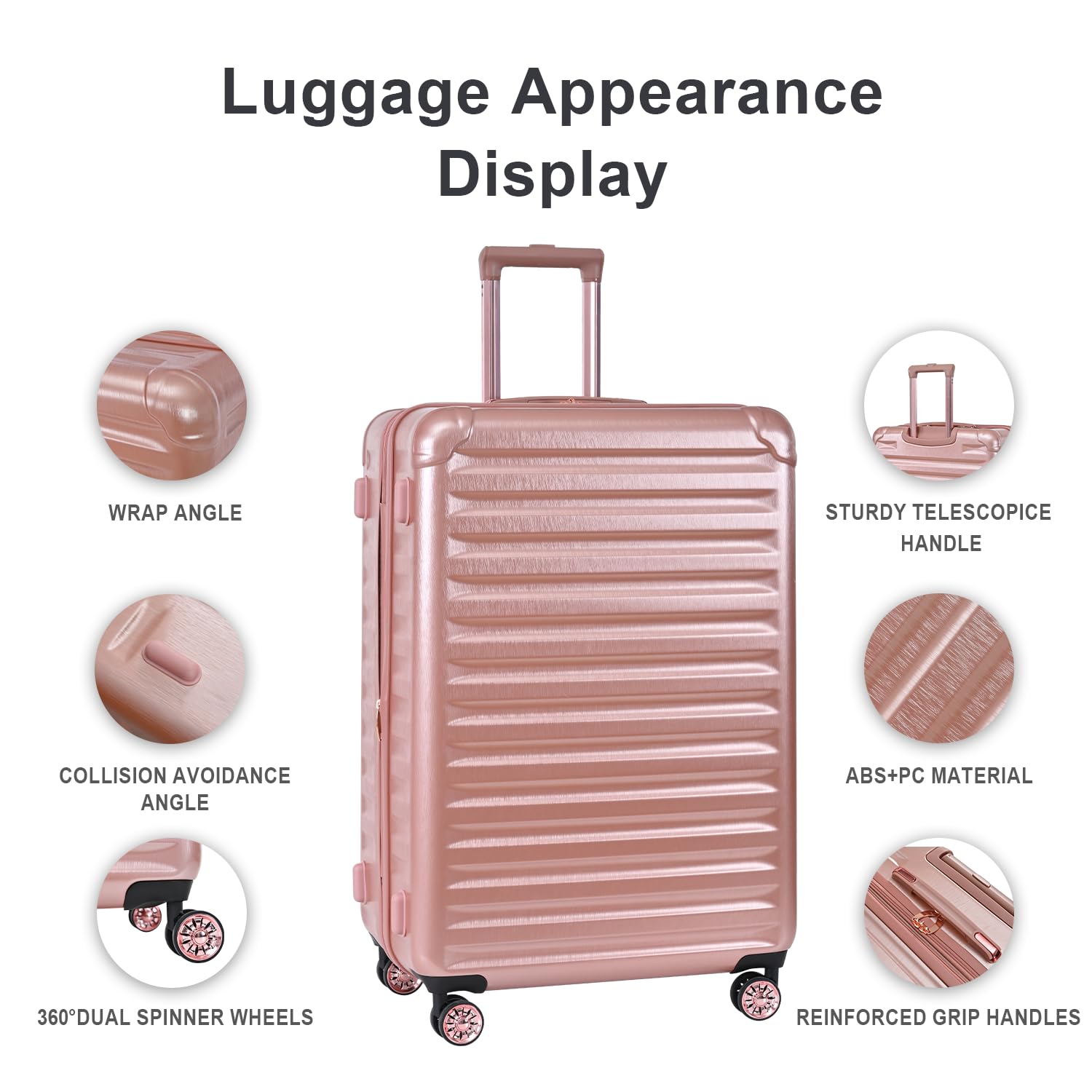 3 Piece Lightweight Hardside Luggage Set - 20/24/28 Inch Expandable PC+ABS Suitcases with 360° Spinner Wheels for Business & Travel (Rose Gold Stripe) | Perfect for Air Travel, Business Trips & Family Vacations