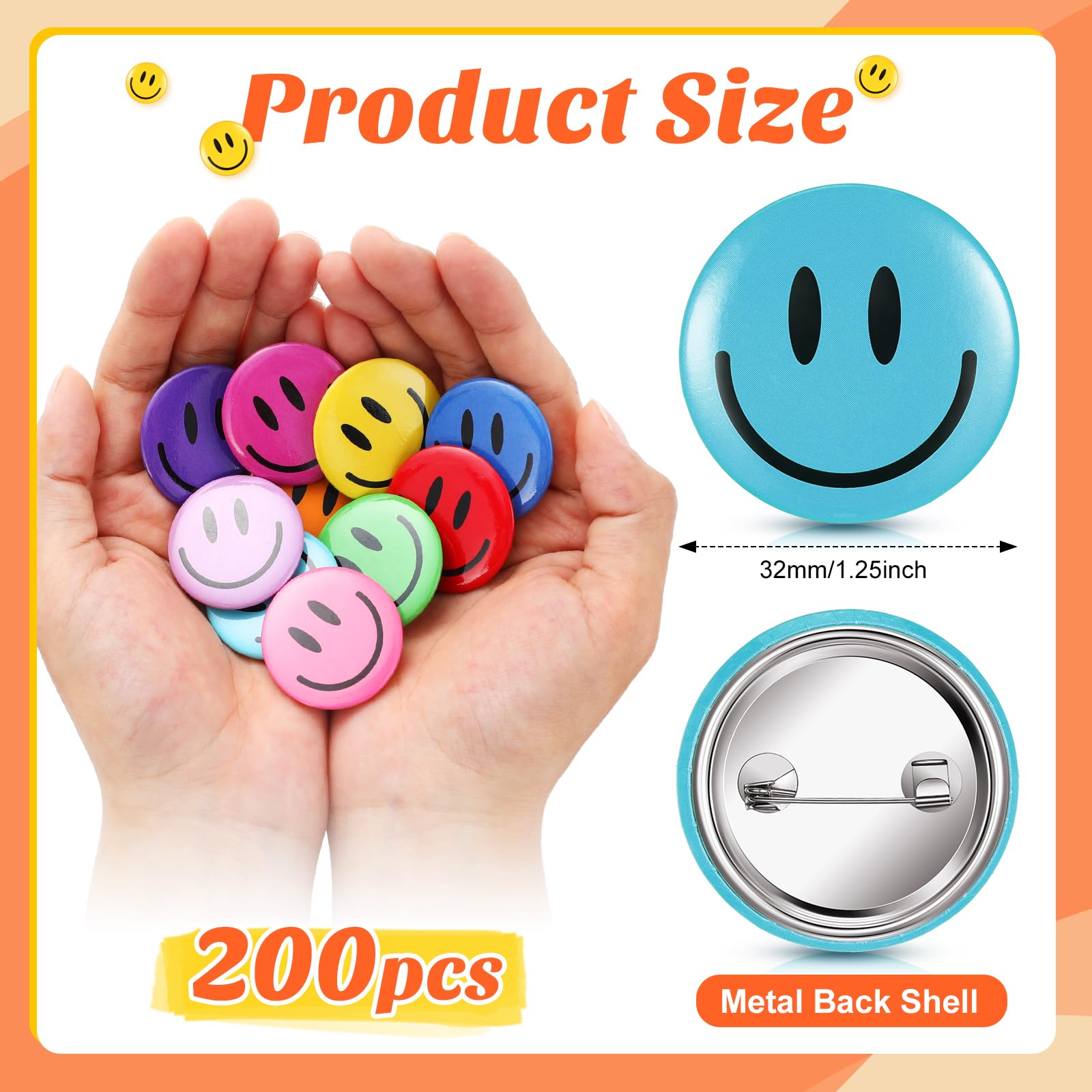 200 Pcs Happy Smile Face Button Pins - Retro Pinback Badges, 1.25 Inch Colorful Classic Smiley Pins for Backpacks, Jackets, Hats & DIY Crafts - Fun Novelty Accessories for Women & Teens