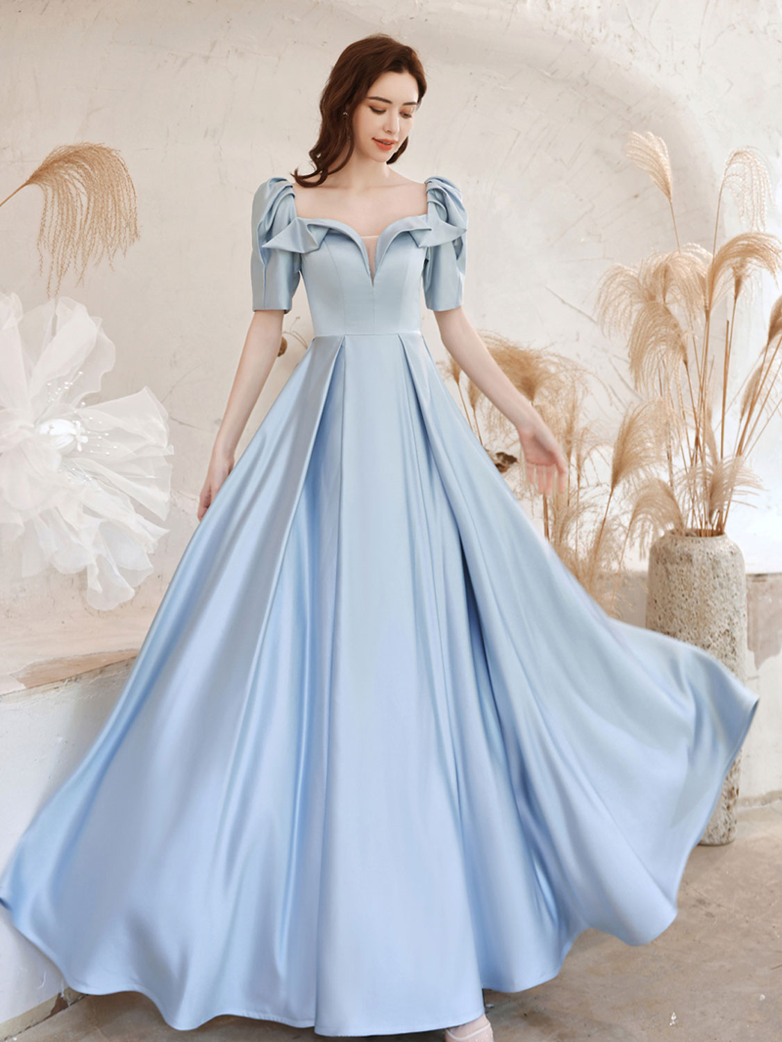 Elegant A-Line Square Neck Satin Long Prom Dress in Royal Blue | Formal Evening Gown for Homecoming, Ball & Special Occasions
