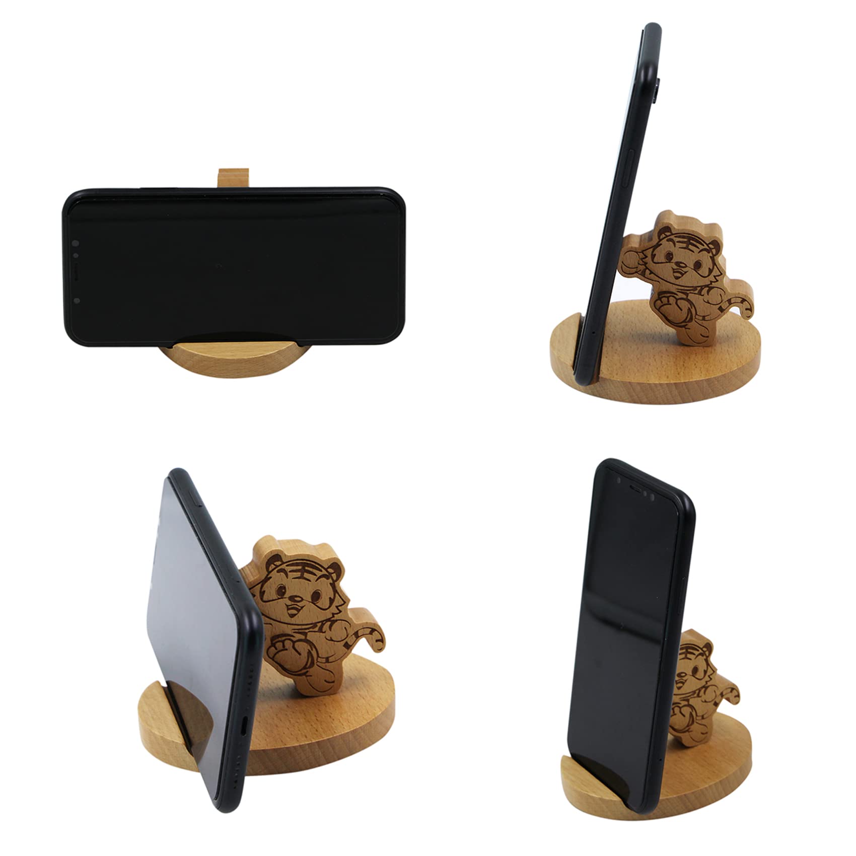 Wooden Tiger Phone Stand - Cute Animal Cell Phone Holder for Desk, Compatible with All Smartphones | Perfect for Home, Office, and Gift Giving