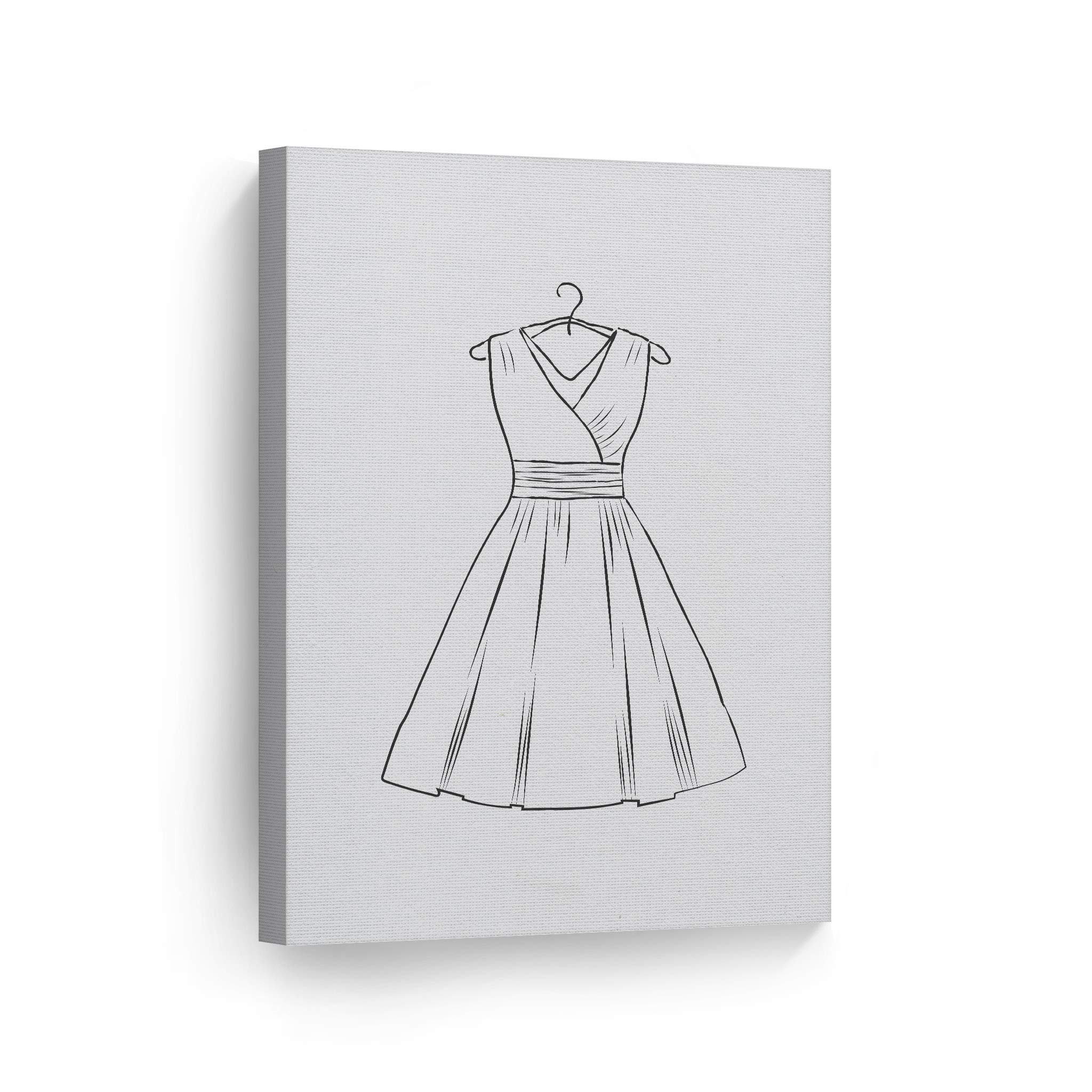 Black and White Fashion Sketch Canvas Print - Elegant Woman Dress Drawing Wall Art for Office, Bathroom, Teen Girls Room, Women's Dorm & Living Room Decor (40x30 Inches, Ready to Hang) | Perfect for Glam Home Decor & Gift Ideas