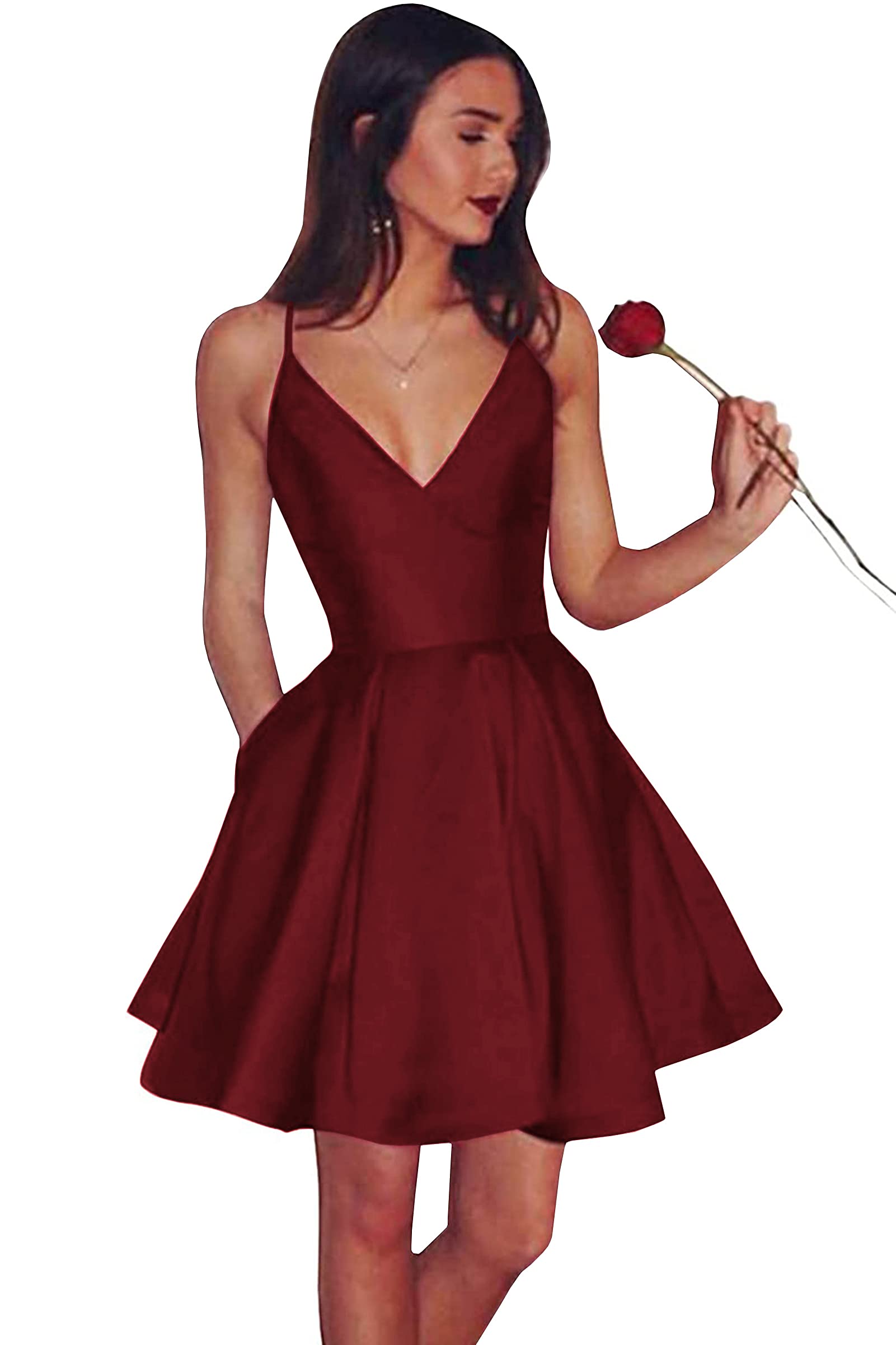 Elegant V-Neck Satin Prom Dress for Women & Teens - Homecoming Short Dress with Pockets | Formal Party, Dance, Special Occasions