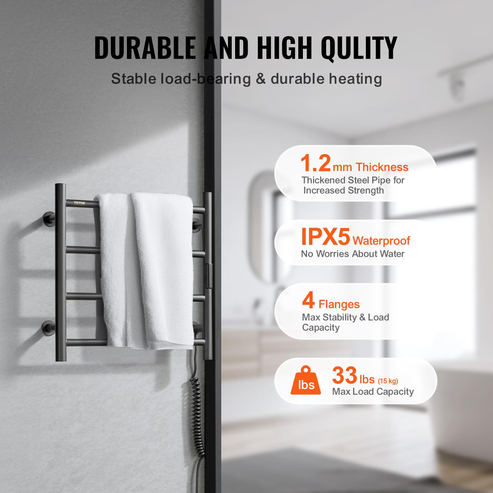 VEVOR 4-Bar Heated Towel Rack - Wall Mounted Bathroom Towel Warmer with Timer, LED Display & 5 Adjustable Temperature Settings - IPX5 Waterproof Black Towel Heater for Spa, Luxury Hotels & Home Use