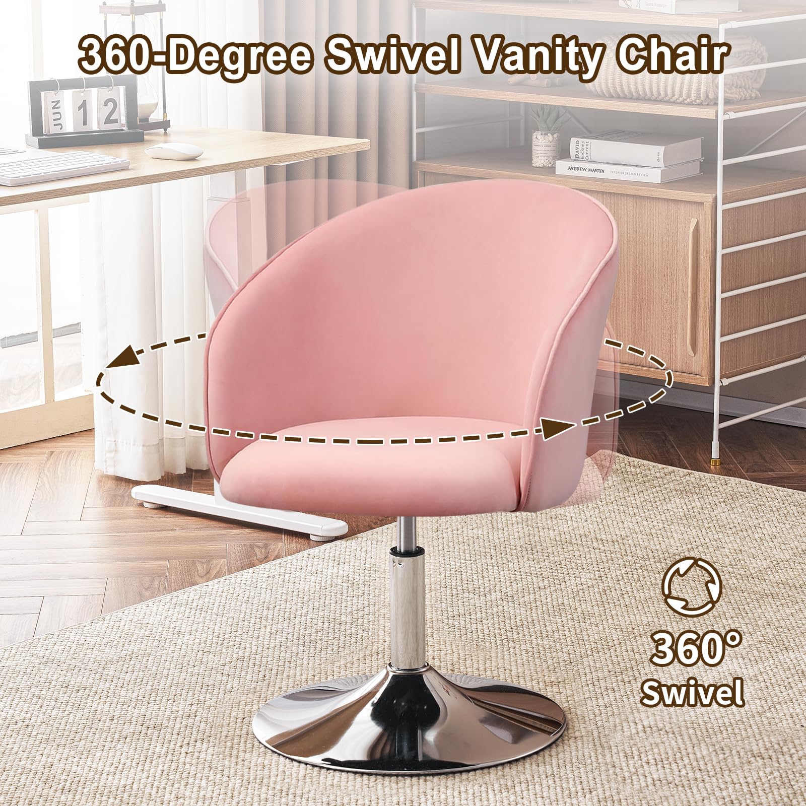 Furnimart Velvet Vanity Chair - Adjustable Height Makeup Stool with Chrome Frame, Round Swivel Accent Chair for Bedroom, Living Room & Office (Pink) - Perfect for Dressing Tables, Beauty Salons and Home Decor