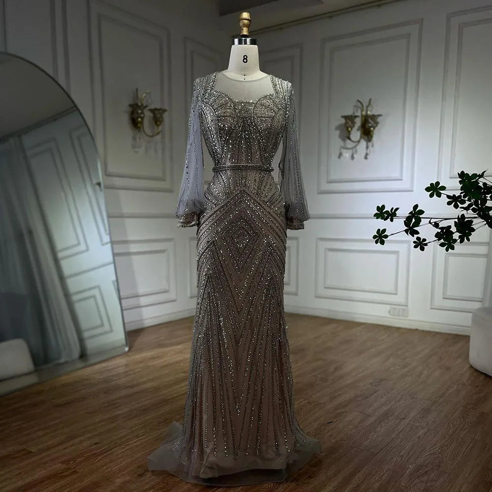 Elegant Arabic Silver Beaded Mermaid Evening Gowns for Women - Luxury Dubai Wedding & Party Dresses 2025 | Perfect for Bridal Showers, Red Carpet Events & Formal Occasions