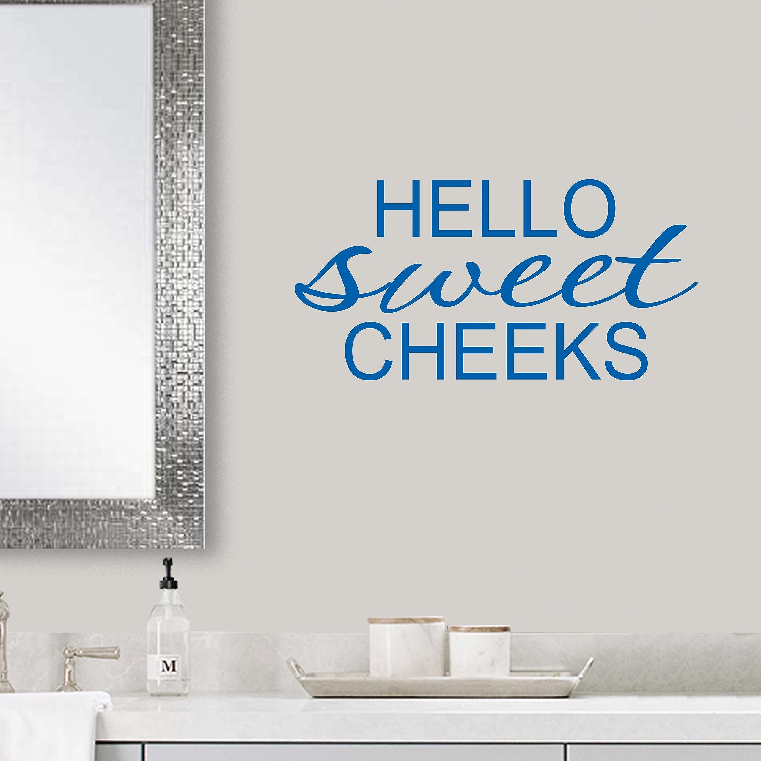 Hello Sweet Cheeks Wall Decal Stickers - Funny Bathroom Decor & Vinyl Wall Art for Home, Kids Room, Nursery - Blue Peel and Stick Decals for Bathroom, Bedroom, Office