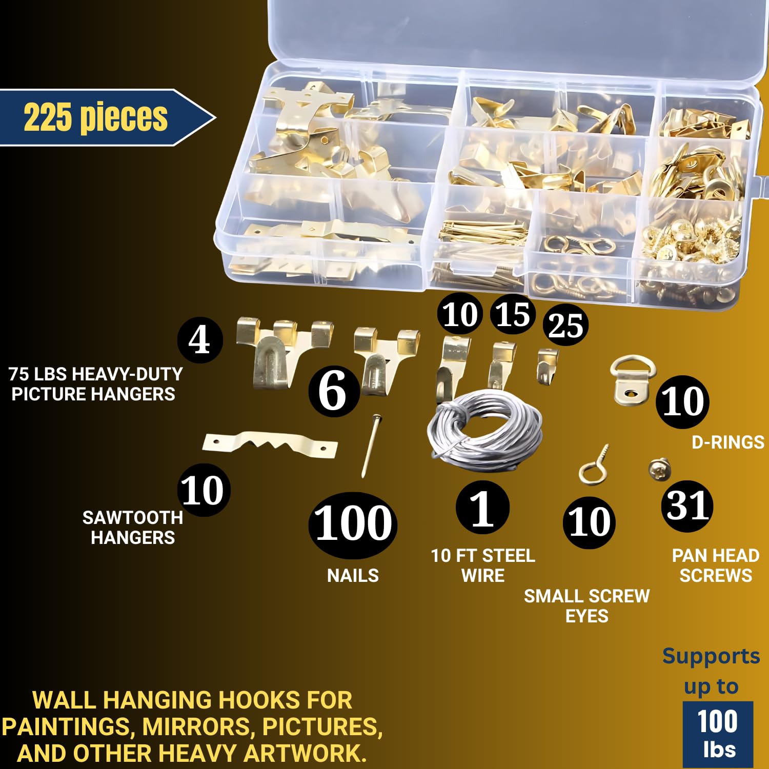 225-Piece Picture Hanging Kit with Easy Level Ruler, 2 Hammers & Wall Hanging Hardware - Perfect for Frames, Mirrors & Home Decor Installation