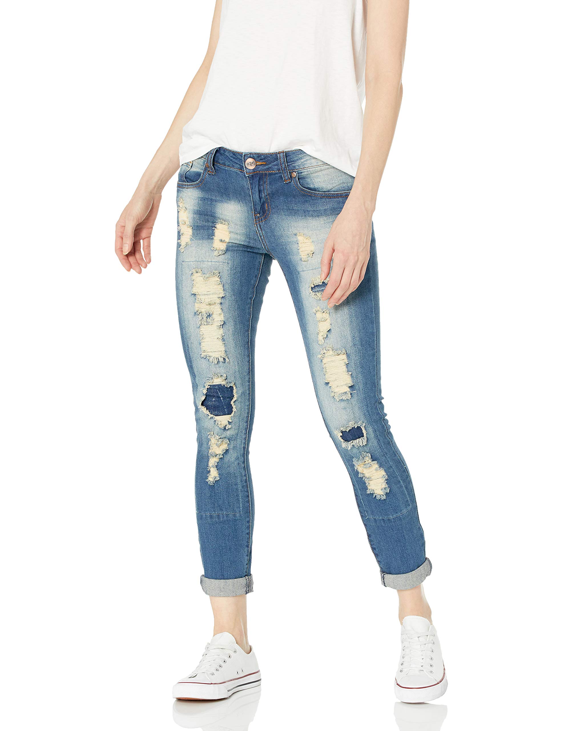 V.I.P. JEANS Women's Distressed Patched Skinny Ripped Jeans - Trendy High Waist Stretch Denim Pants for Casual Wear & Night Out