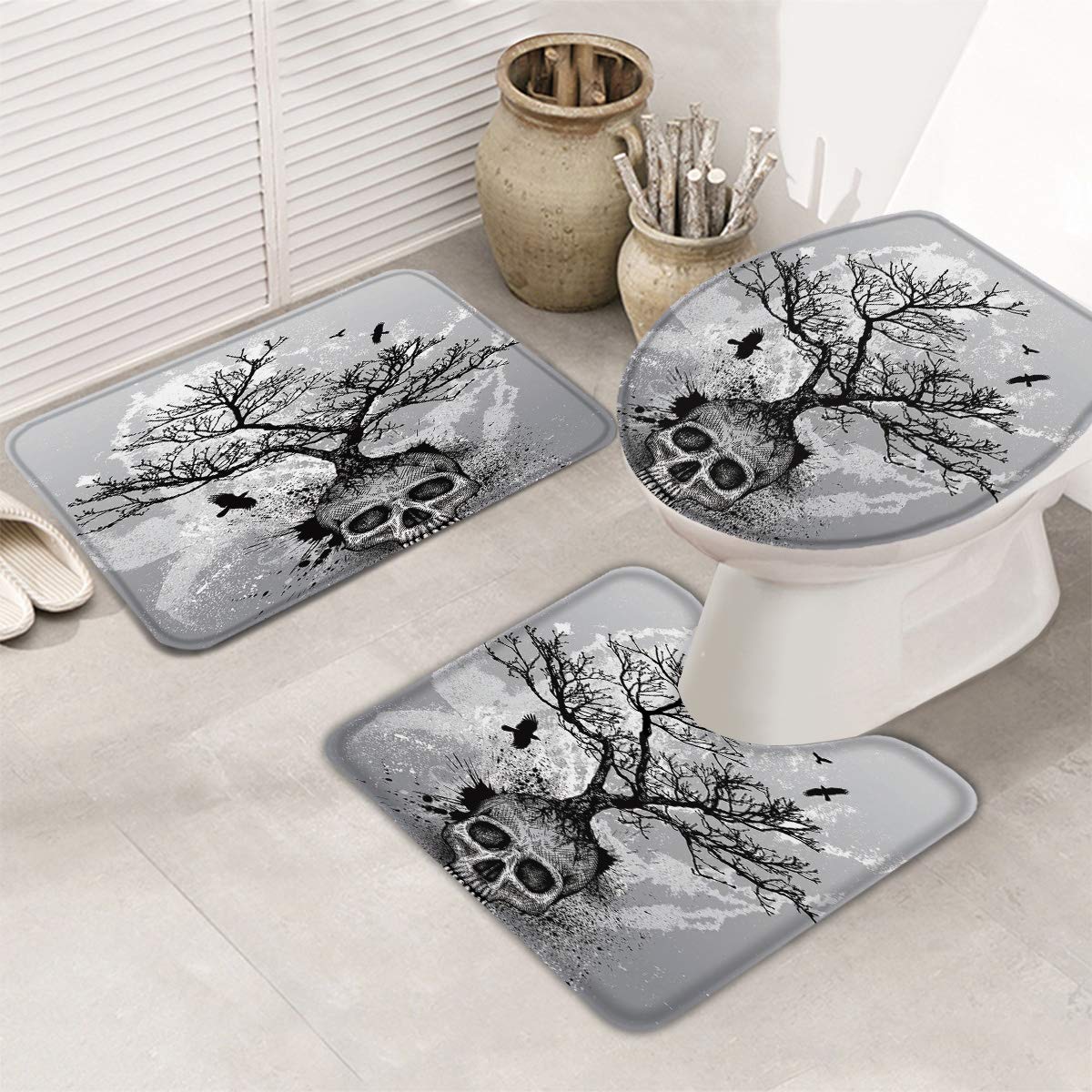 **Non-Slip Bathroom Rug Set of 3 - Dead Tree Skull Design, U-Shaped Toilet Mat & Lid Cover | Absorbent, Washable Bath Mats for Halloween Decor, Home & Bathroom | Perfect for Spooky Themed Bathrooms, Guest Rooms & Seasonal Decor**