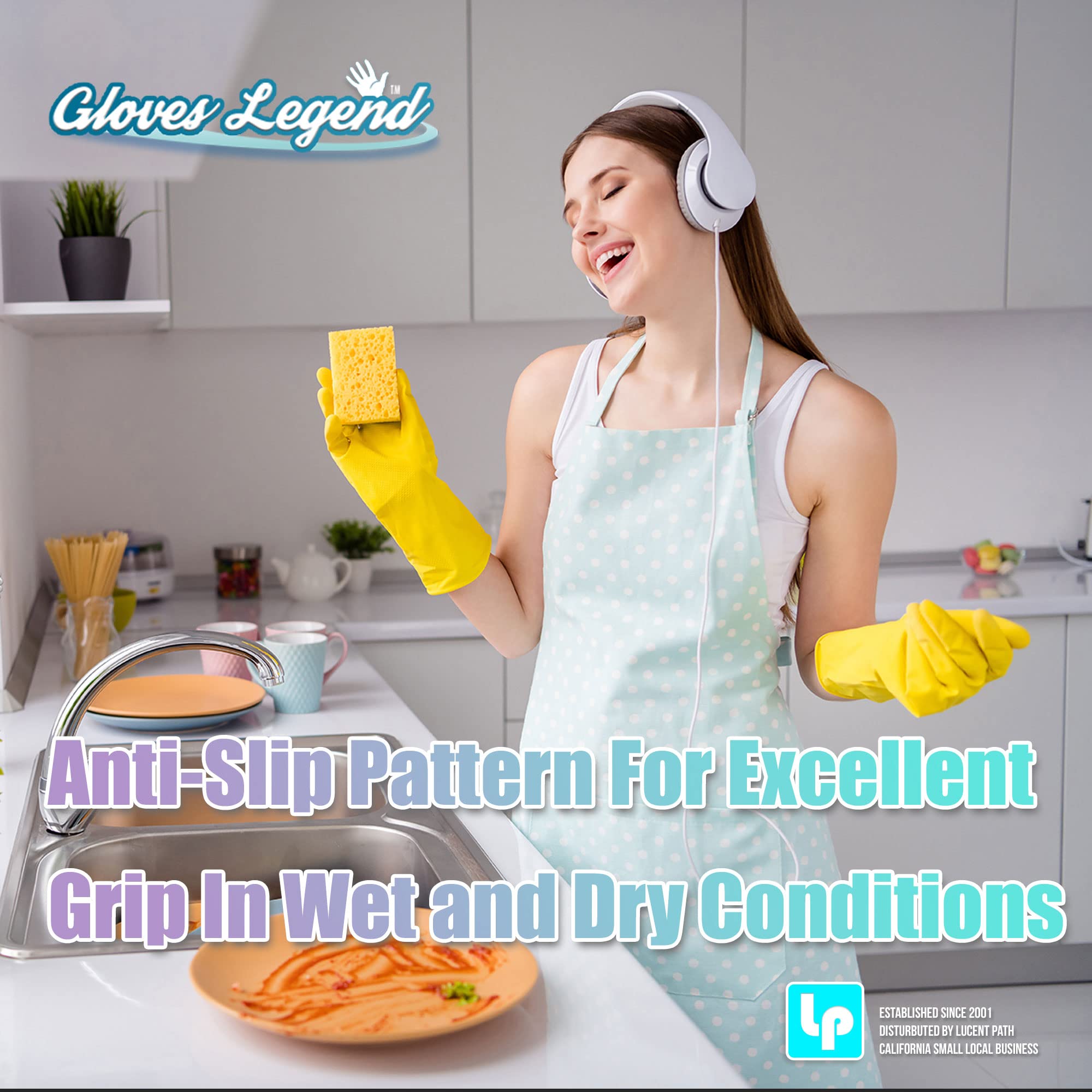 Large Yellow Reusable Kitchen Gloves for Dishwashing & Cleaning - Durable Household Rubber Gloves for Washing Dishes, Scrubbing, and Household Chores