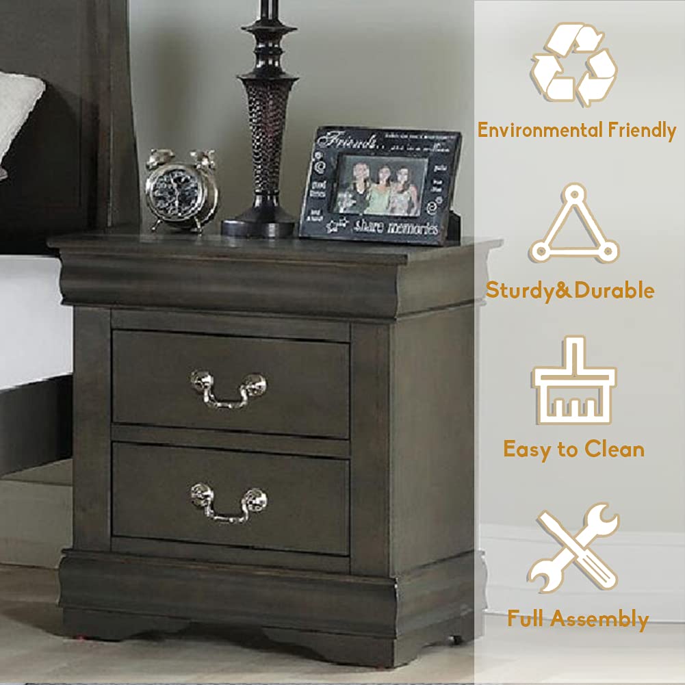 Henf 2 Drawer Nightstand - Modern Wood Bedside Table with Handles, Sturdy End Table for Bedroom, Living Room & Dorm - Easy No Assembly Required (Dark Grey) | Perfect for Small Spaces, Guest Rooms & Apartment Decor