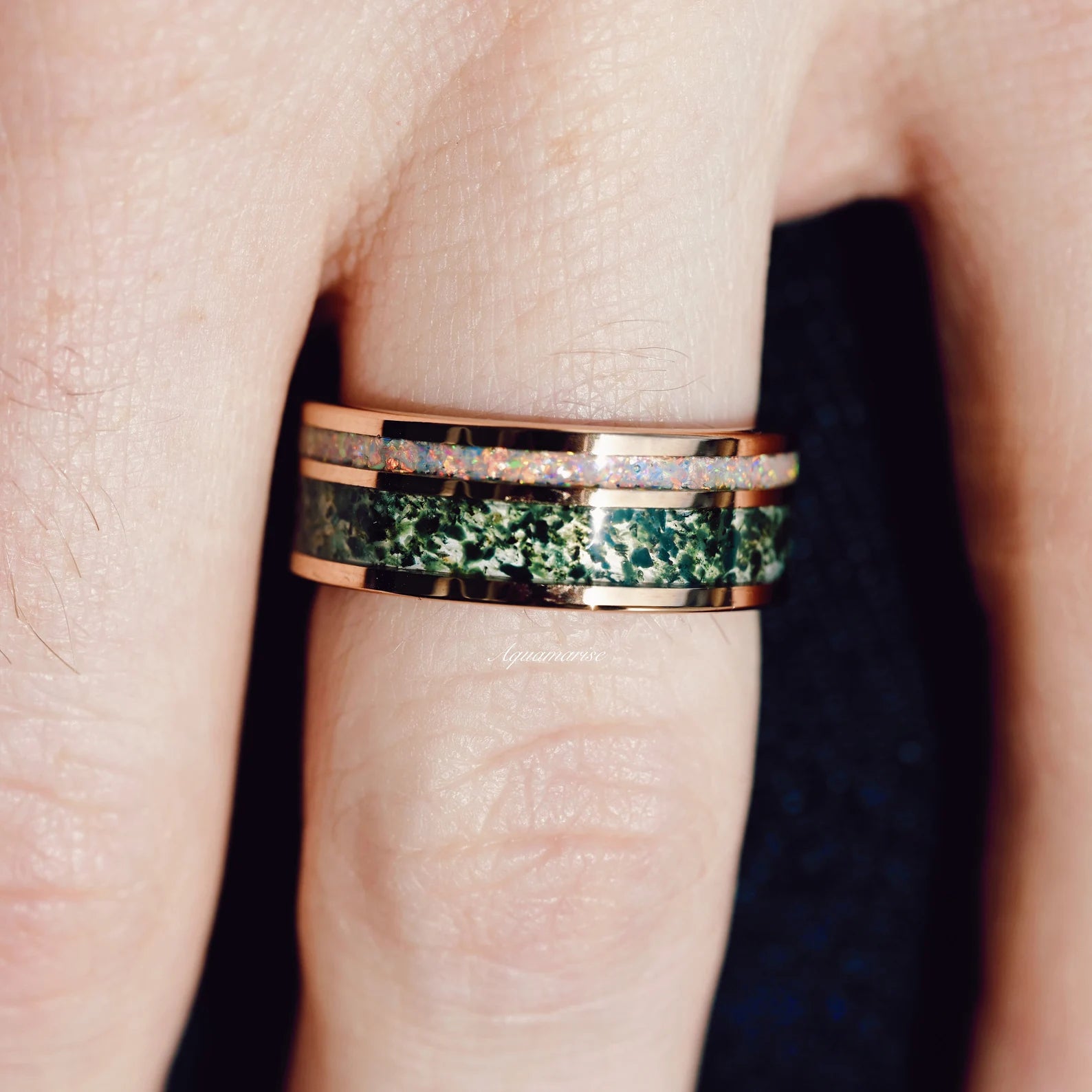Natural Moss Agate & Fire Opal Couples Ring Set for Women & Men – Handmade Sterling Silver Wedding Band, Anniversary Gift for Couples, Perfect for Engagements, Valentine's Day & Romantic Occasions