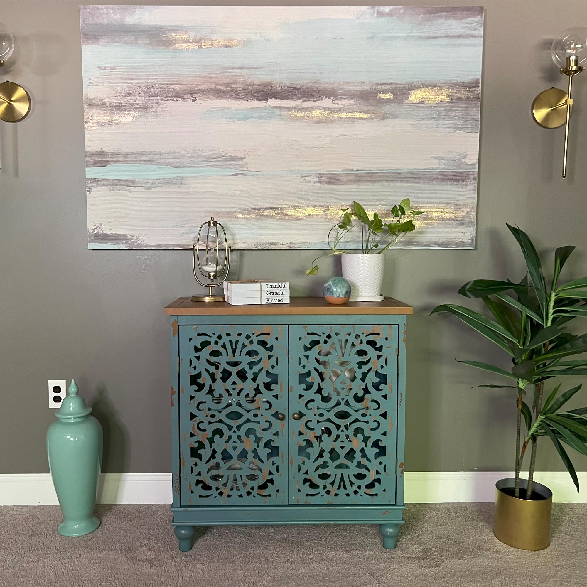 PHI VILLA Handmade Farmhouse Buffet Cabinet - 2-Door Hollow-Carved Sideboard Credenza with Storage, Blue - Perfect for Living Room, Kitchen, Entryway & Dining Room Organization | Rustic Home Decor Accent Piece