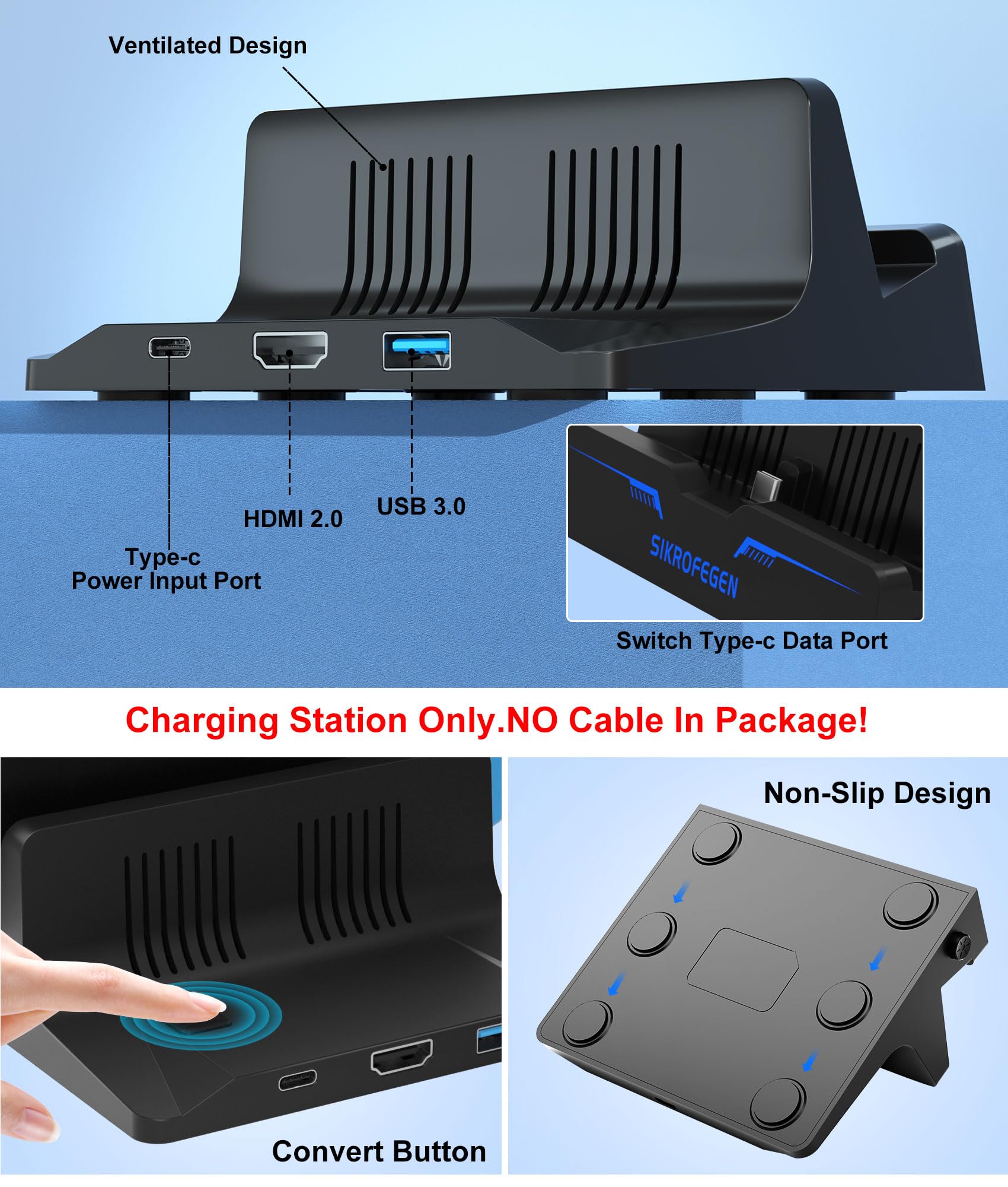 Nintendo Switch Dock Replacement - 4K60Hz HDMI 2.0 TV Docking Station with USB 3.0 Ports | Compatible with Official Switch Base | Perfect for Home Gaming & Travel Entertainment
