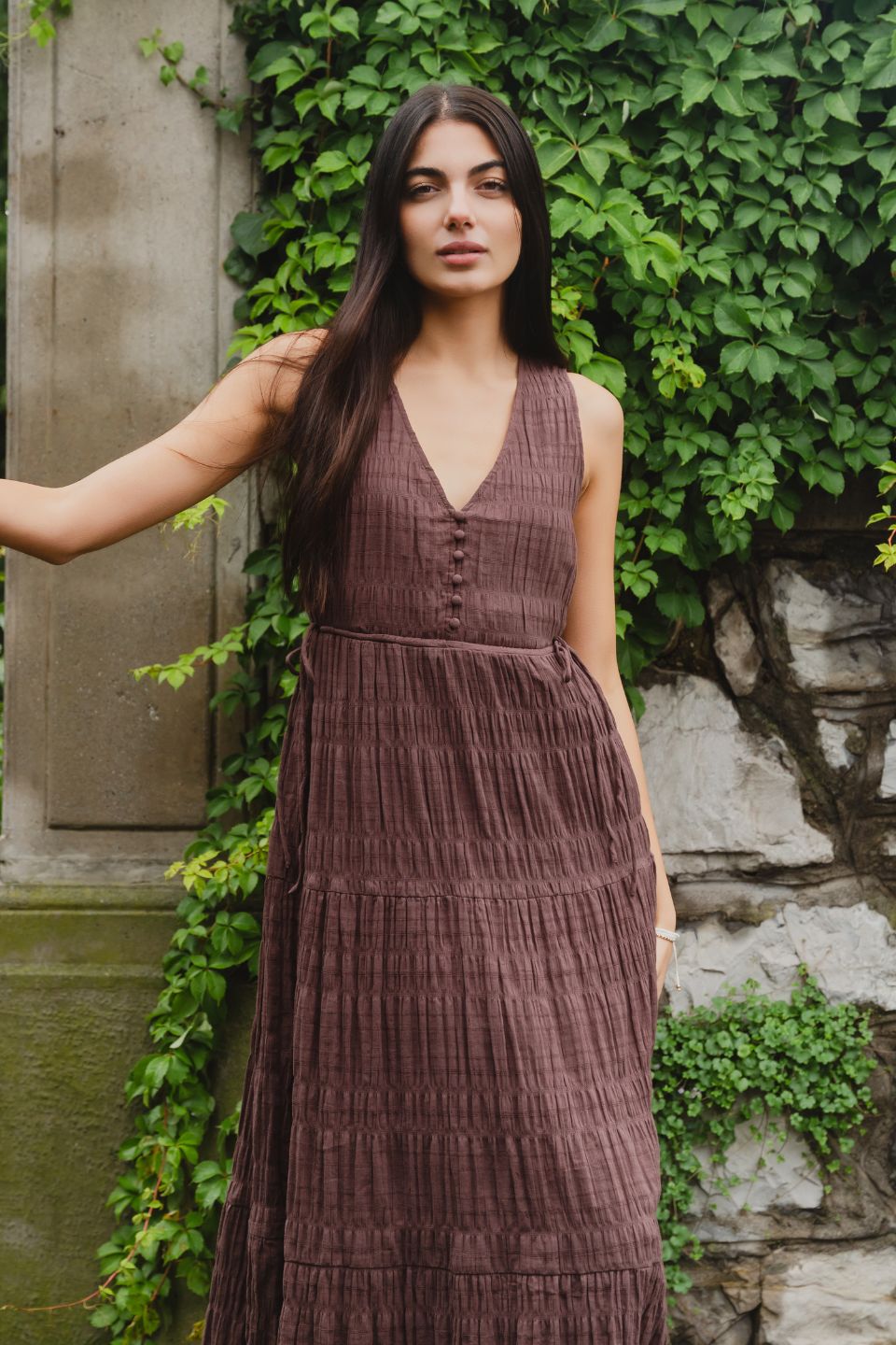 Flora Chocolate V-Neck Tie-Front Sleeveless Tiered Maxi Dress for Women | Summer Beach Wedding Party Dress | Perfect for Vacations, Date Nights & Special Occasions