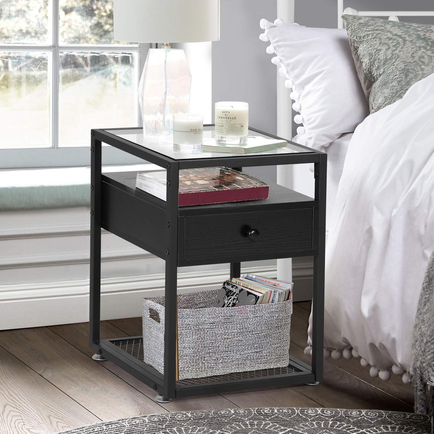 Modern Nightstand with Glass Top - 66 lb Capacity, Space-Saving Drawer - Sturdy Bedside Table for Bedroom, Living Room & Lounge - Black (1 Set) - Perfect for Small Spaces & Apartment Living