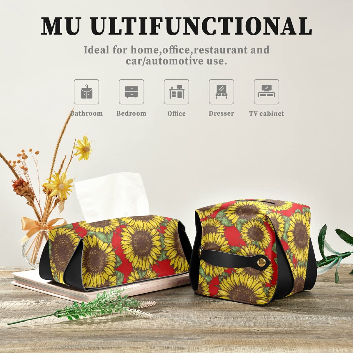 Sunflower Red PU Leather Tissue Box Holder - Rectangle Facial Tissue Dispenser with Hanging Loop for Countertops & Nightstands | Perfect for Living Rooms, Bathrooms & Office Desks