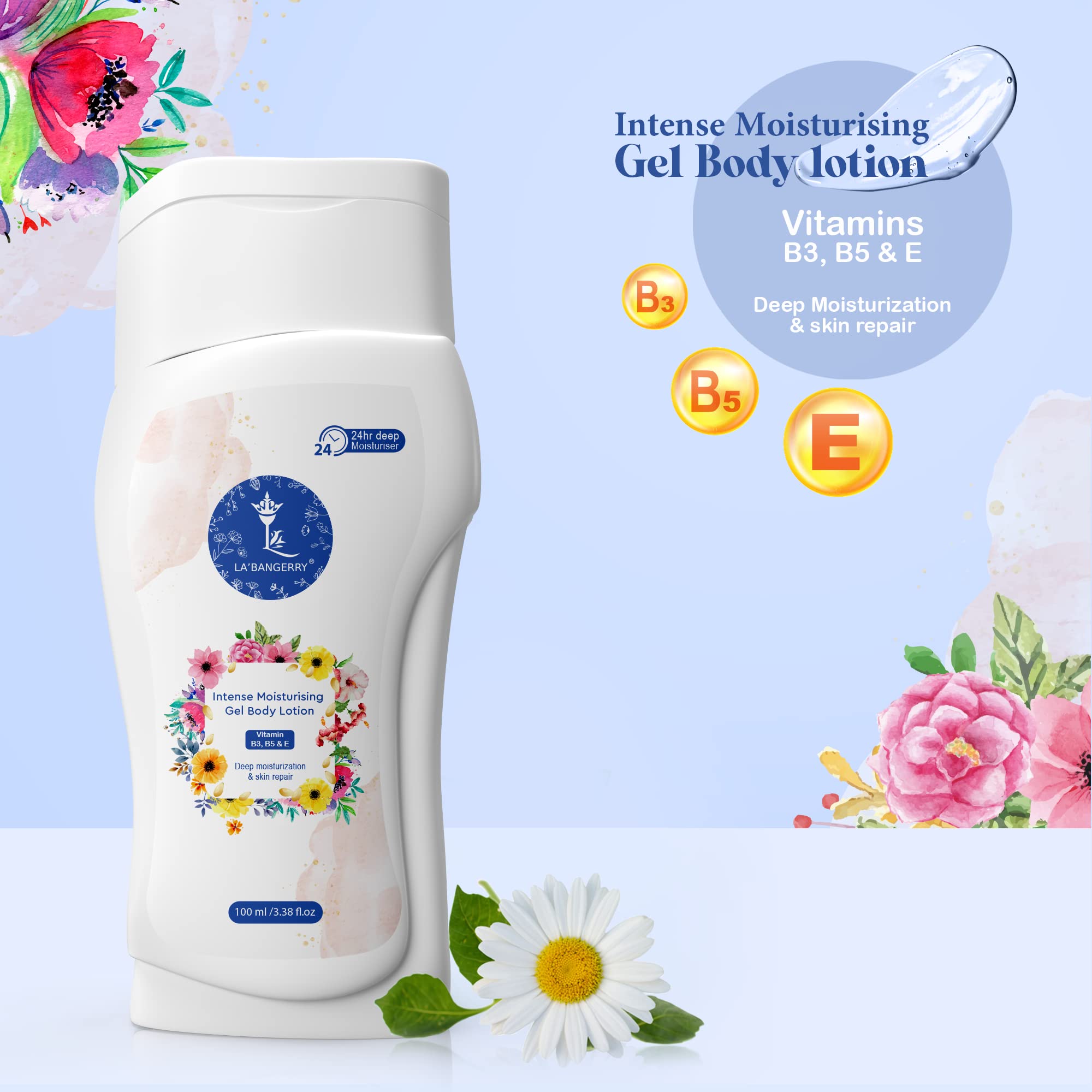 LA'BANGERRY Intense Moisturizing Gel Body Lotion - 48hr Hydration for Dry & Sensitive Skin | Vegan, Paraben-Free Plant Based Formula | 100ml Travel Size | Perfect for Daily Use, After Shower & Winter Care