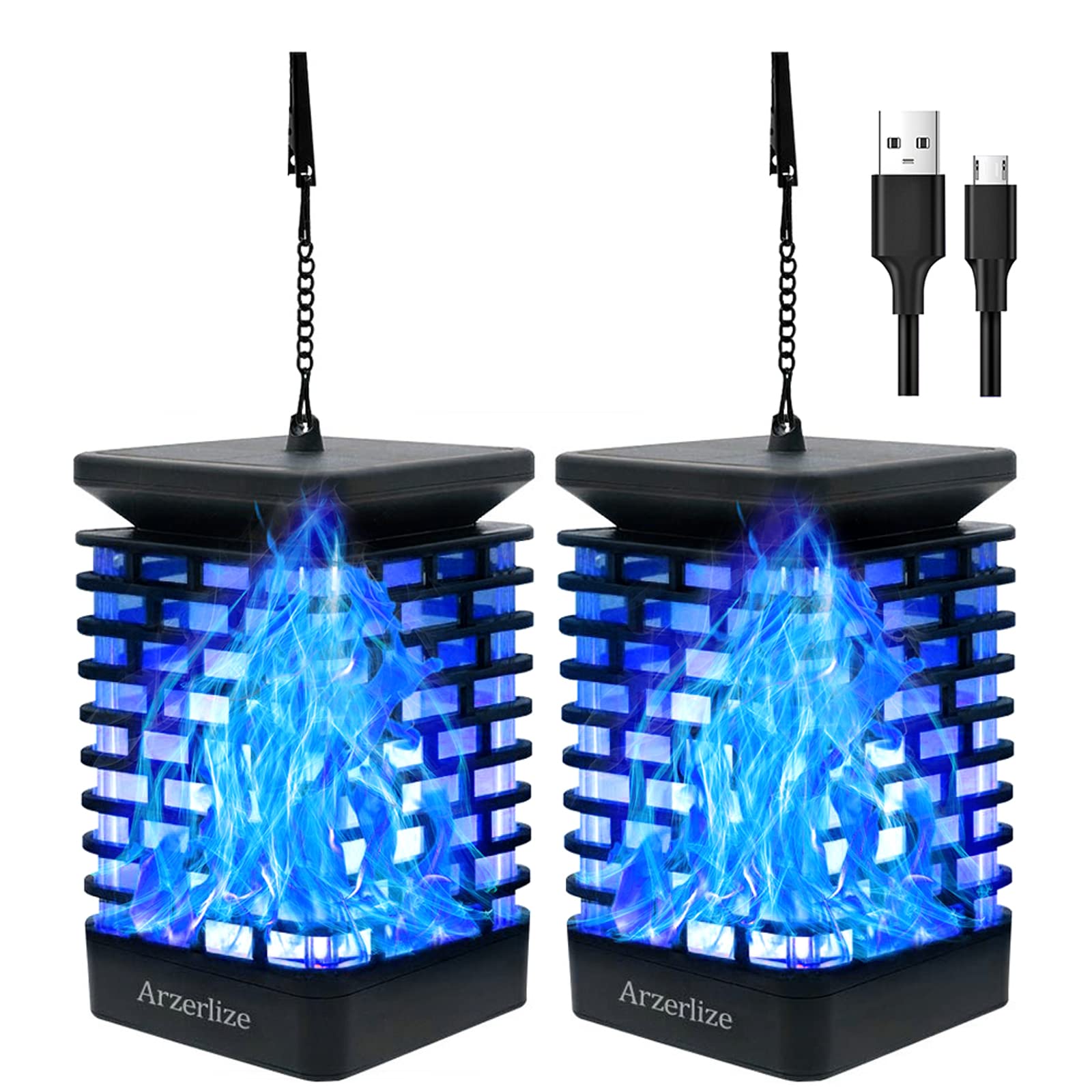 Solar Flame Lanterns Outdoor - 99 LED Waterproof Hanging Lights with Flickering Flame Effect, USB/Solar Powered - Perfect for Garden, Patio, Yard, Halloween & Landscape Decoration (Blue, 2 Pack) - Ideal for Outdoor Parties, Camping & Romantic Ambiance