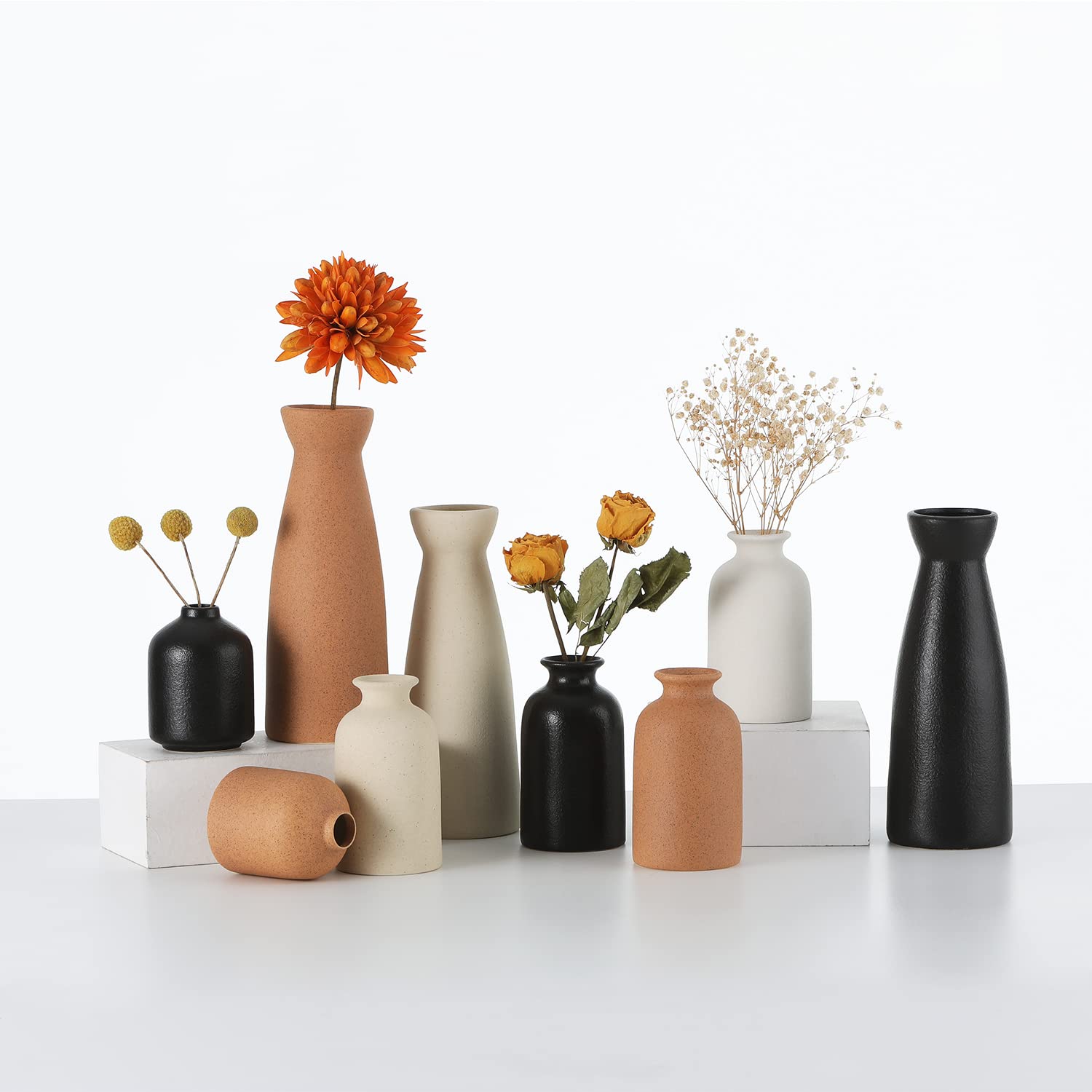 Brown Ceramic Vase Set of 3 - Small Boho Flower Vases for Home Decor, Modern Farmhouse Decorative Vases for Pampas Grass & Dried Flowers - Perfect for Shelves, Tables, Bookshelves & Entryways - Distressed Finish | Ideal for Living Room, Bedroom & Wedding Centerpieces