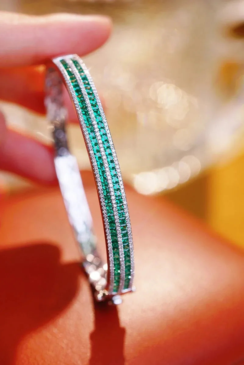 18K White Gold Diamond & Emerald Bangle for Women - Luxury Shiny Design, 100% Real Natural Stones - Perfect for Senior Banquets, Weddings & Special Occasions