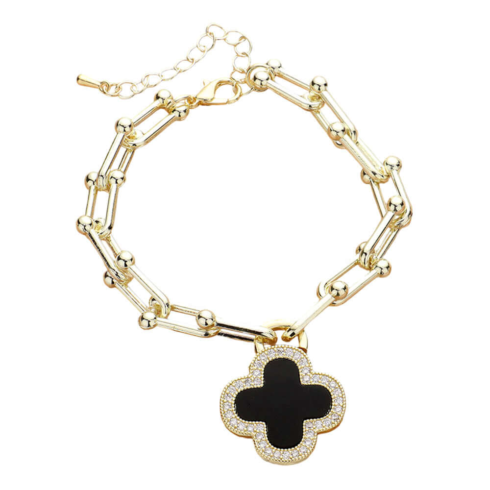 14K Gold Plated CZ Black Paved Quatrefoil Charm Bracelet for Women - Elegant Jewelry Gift for Birthday, Anniversary & Special Occasions